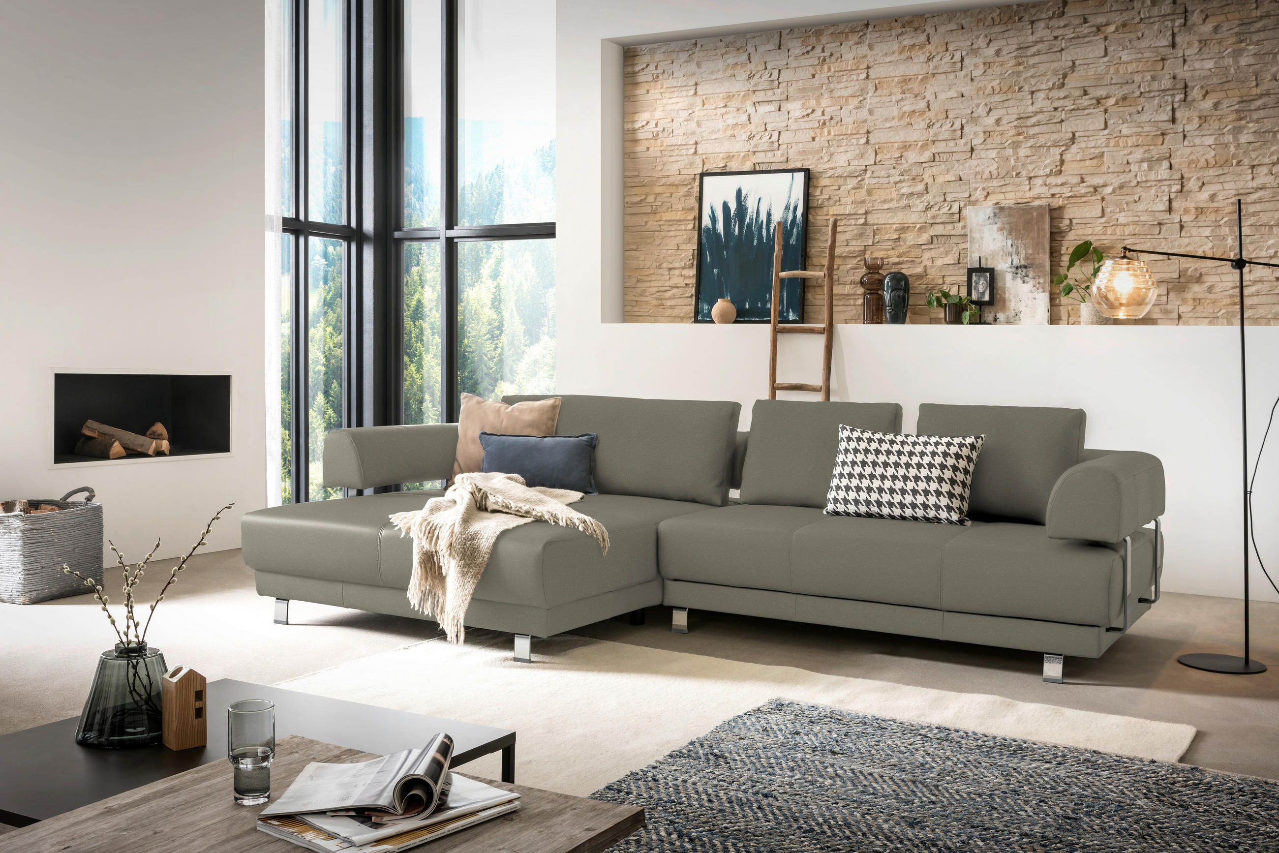 ECKSOFA Grau Echtleder  - Grau, Design, Leder/Metall (188/307cm)