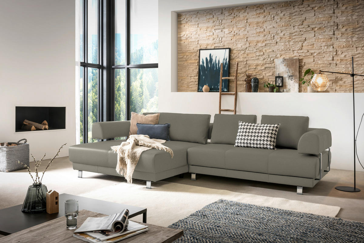 ECKSOFA in Echtleder Grau  - Grau, Design, Leder/Metall (188/307cm)