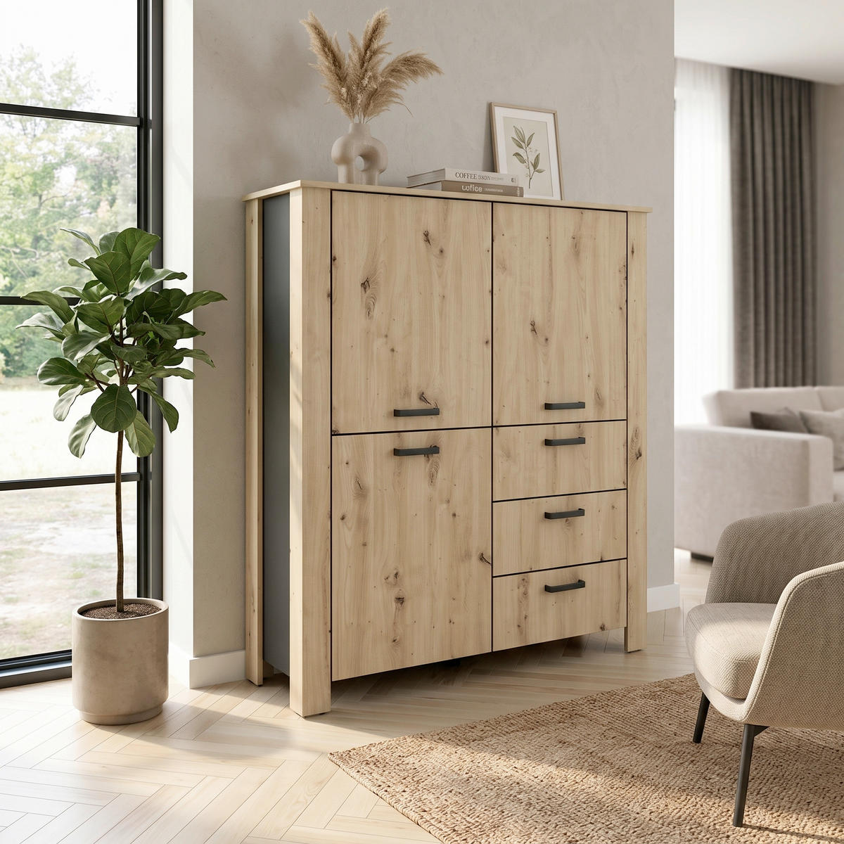 HIGHBOARD  120/137/40 cm 3 Schublade(n)  - Schwarz/Eiche Artisan, Design, Holzwerkstoff/Kunststoff (120/137/40cm) - MID.YOU