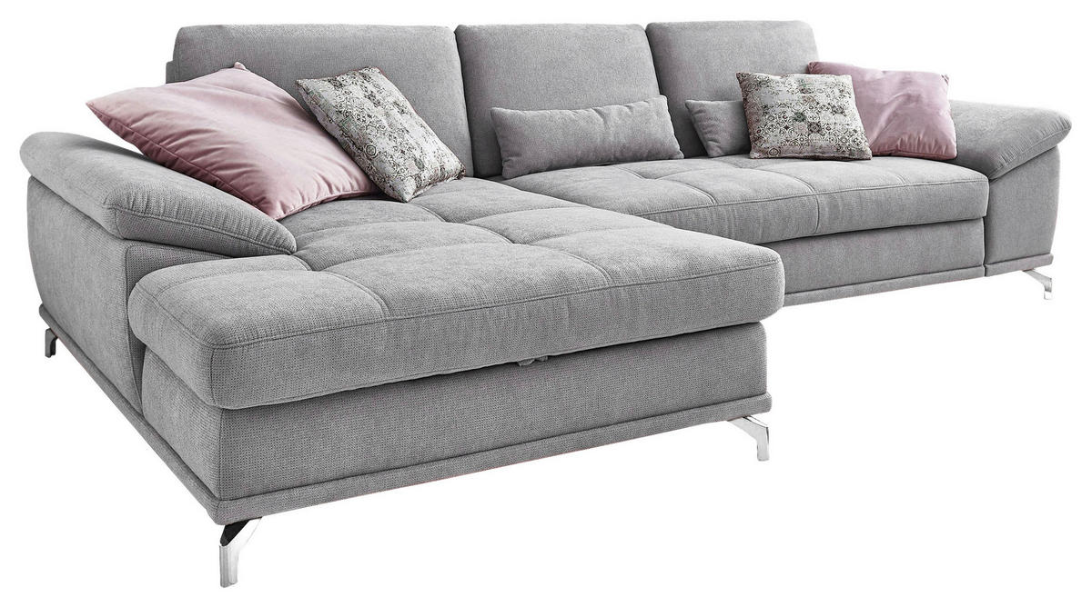 ECKSOFA Silberfarben Flachgewebe Sitztiefenverstellung  - Silberfarben, KONVENTIONELL, Textil/Metall (176/301cm) - Sit & More