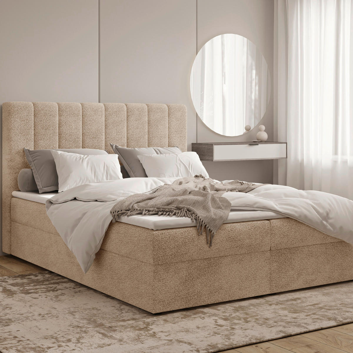 BOXBETT 140/200 cm,  in Beige, Bettkasten, Topper,  - Beige/Schwarz, MODERN, Holz/Kunststoff (140/200cm) - MID.YOU