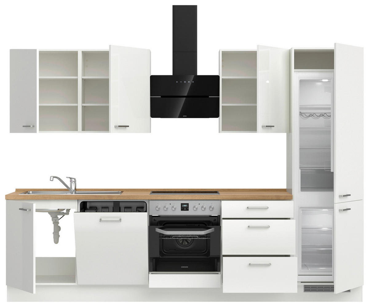 KÜCHENLEERBLOCK 300 cm   in Eichefarben, Weiß Hochglanz  - Edelstahlfarben/Eichefarben, MODERN, Holzwerkstoff/Metall (300cm) - Nobilia