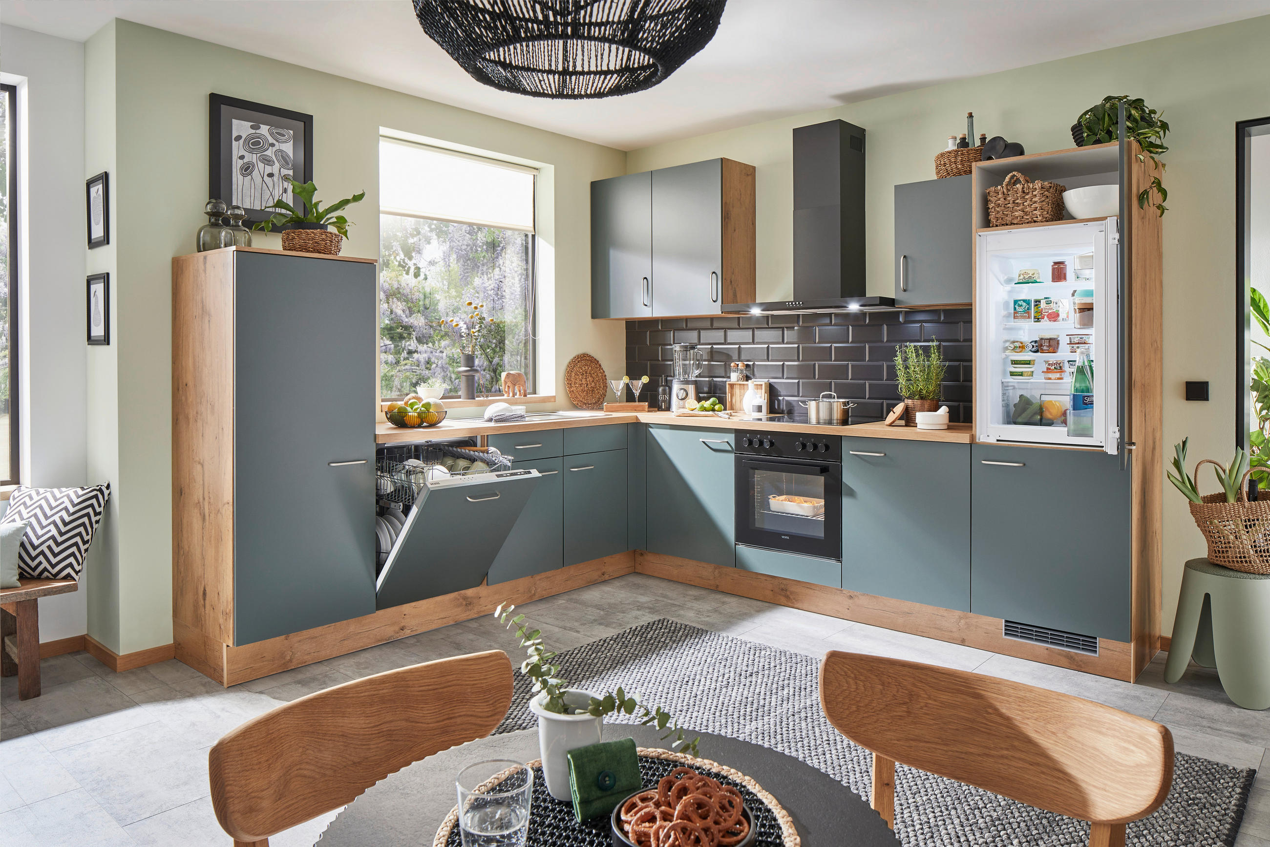 ECKKÜCHE 285/305 cm  in Grün, Eichefarben  - Edelstahlfarben/Eichefarben, Basics, Holzwerkstoff/Metall (285/305cm) - Venda