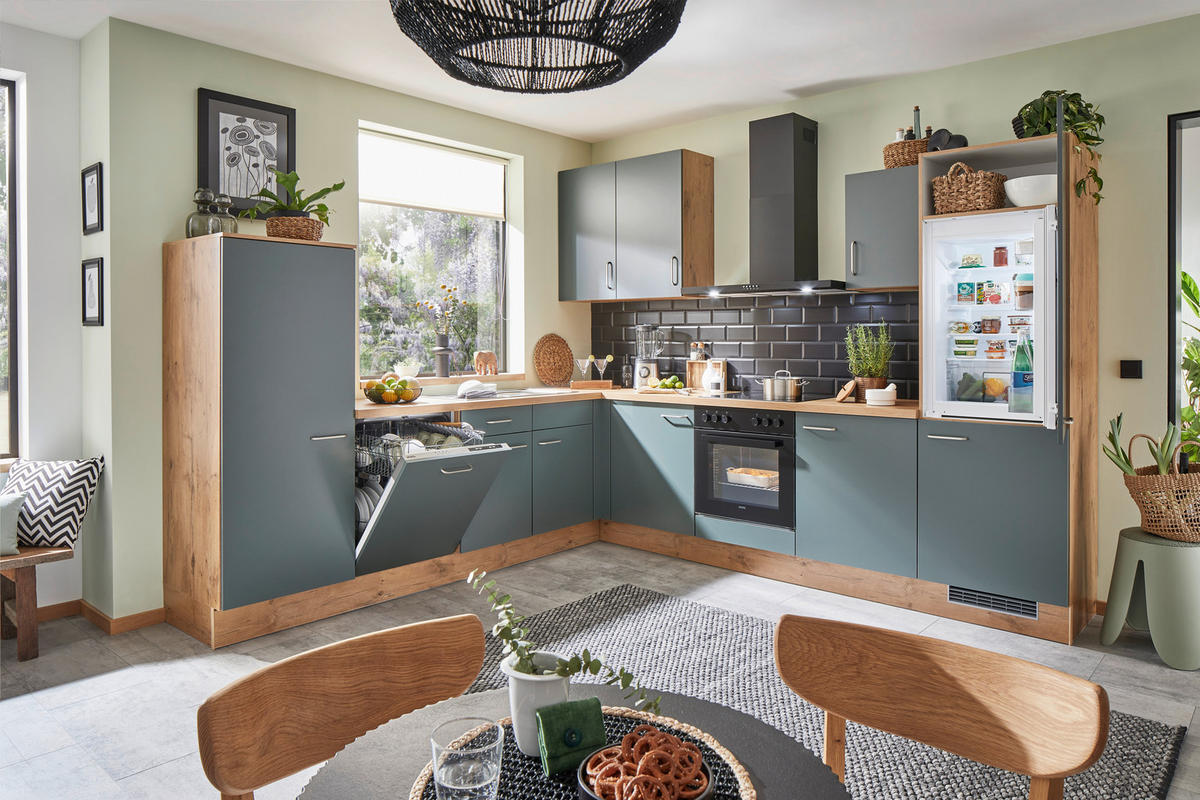 ECKKÜCHE 285/305 cm  Grün, Eichefarben  - Edelstahlfarben/Eichefarben, Basics, Holzwerkstoff/Metall (285/305cm) - Venda