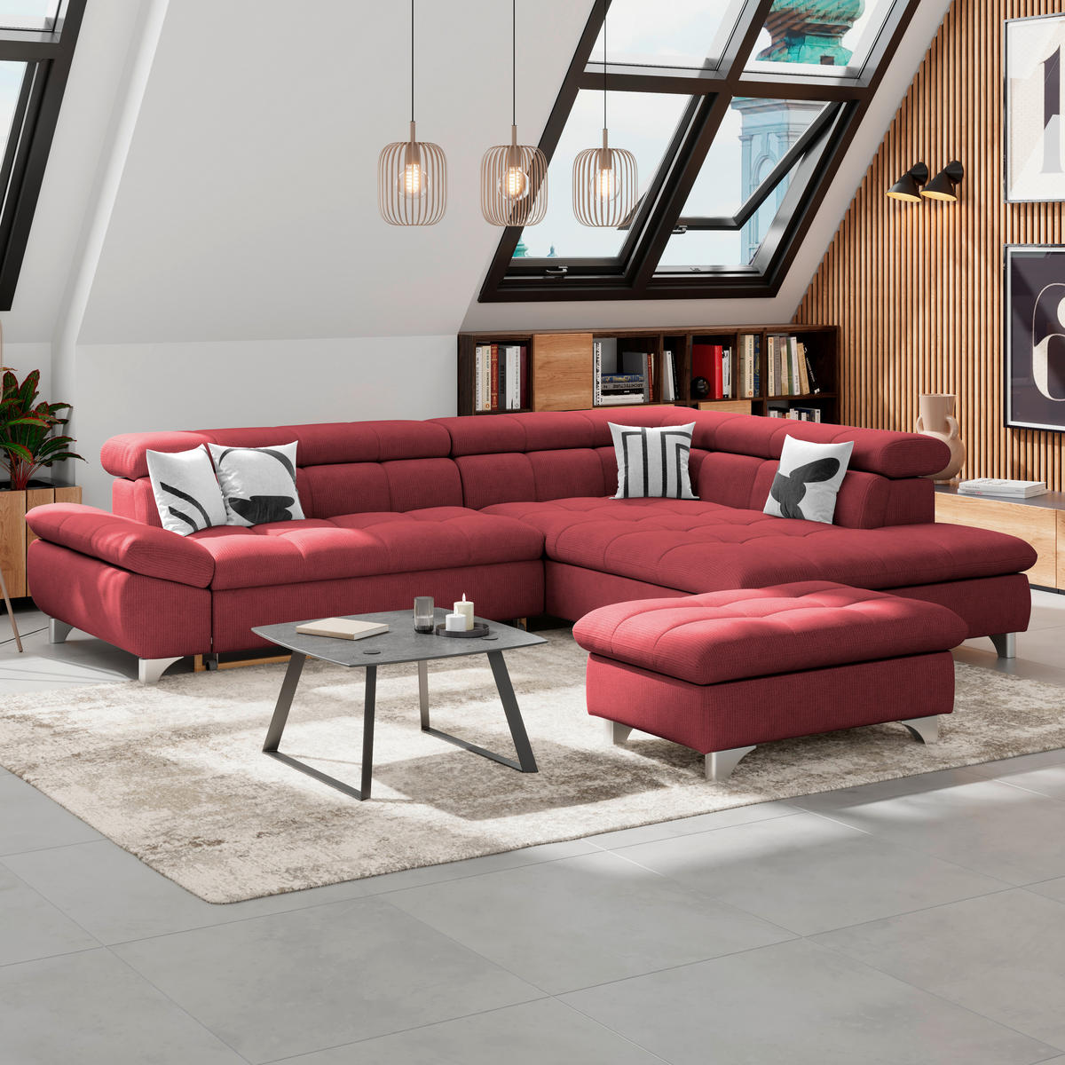 ECKSOFA Bordeaux Chenille  - Chromfarben/Bordeaux, KONVENTIONELL, Textil/Metall (312/234cm) - Livetastic