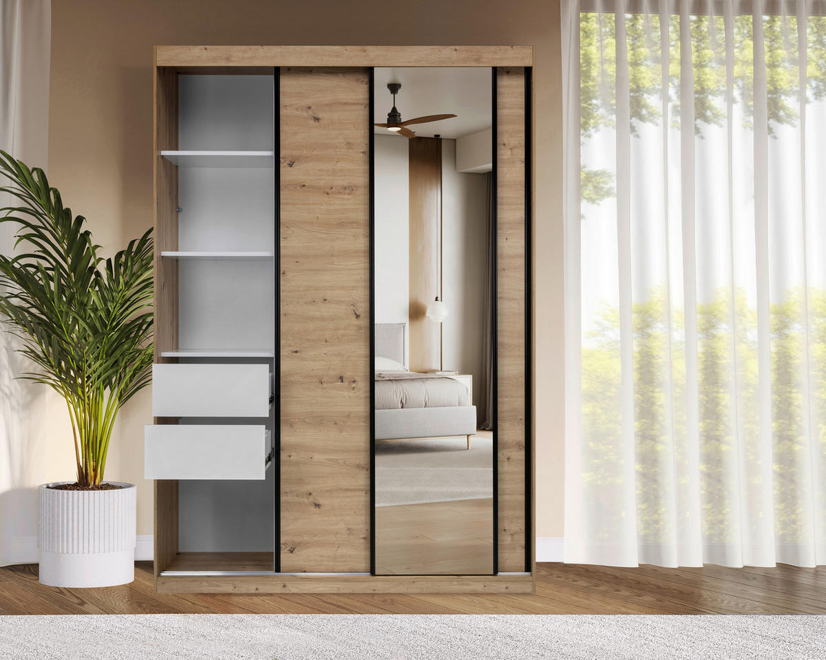 SCHIEBETÜRENSCHRANK 150/215/59,5 cm 3-türig  - Schwarz/Eiche Artisan, MODERN, Holzwerkstoff/Metall (150/215/59,5cm) - MID.YOU