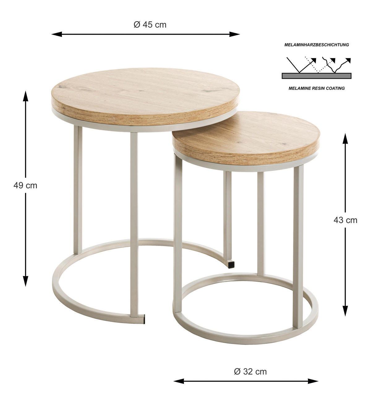 BEISTELLTISCHSET rund Grau, Eichefarben  - Eichefarben/Grau, Trend, Holzwerkstoff/Metall (32-45/32-45/43-49cm)