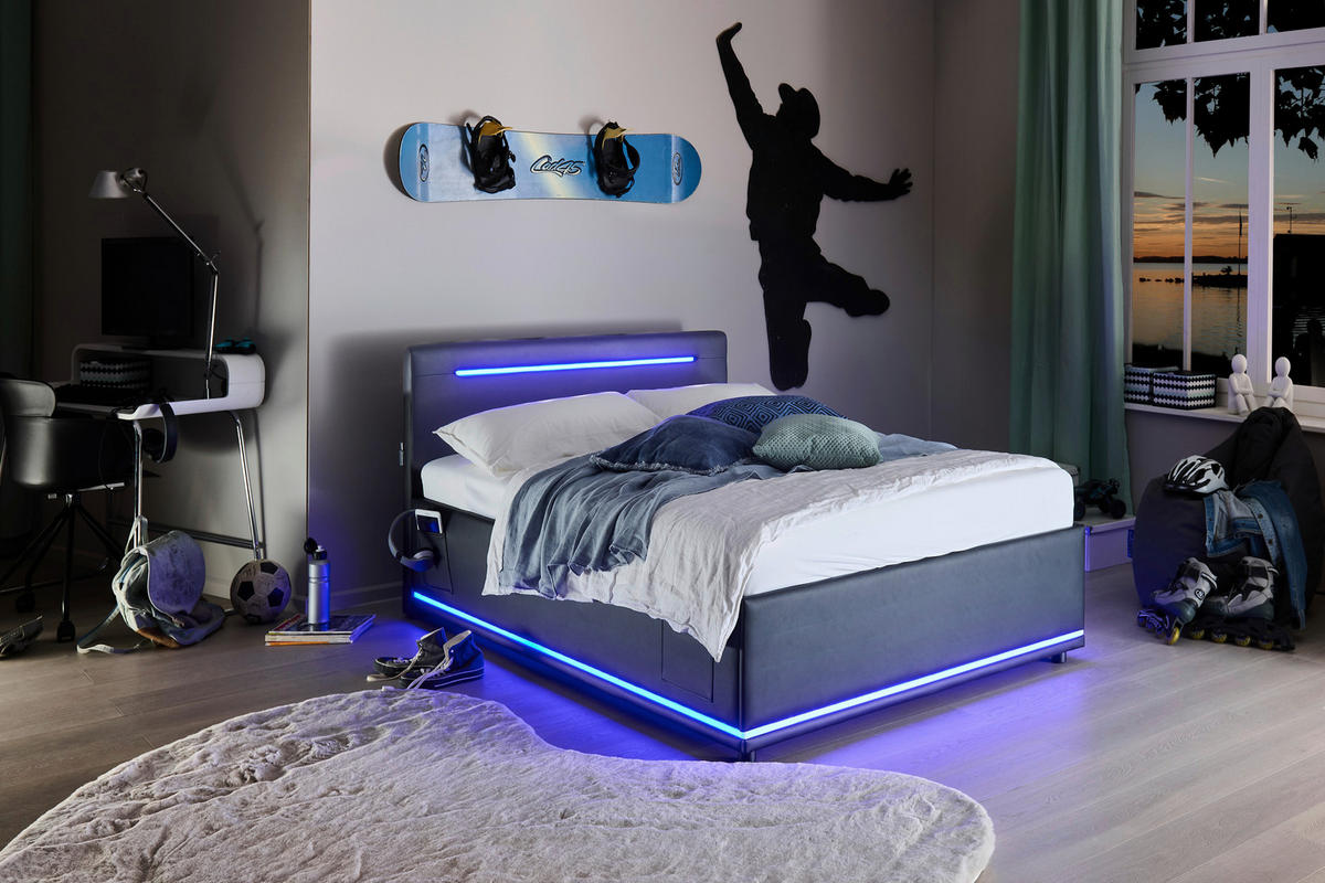 POLSTERBETT 140/200 cm,  in Schwarz, Beleuchtung,  - Schwarz, Design, Kunststoff/Textil (140/200cm) - Xora