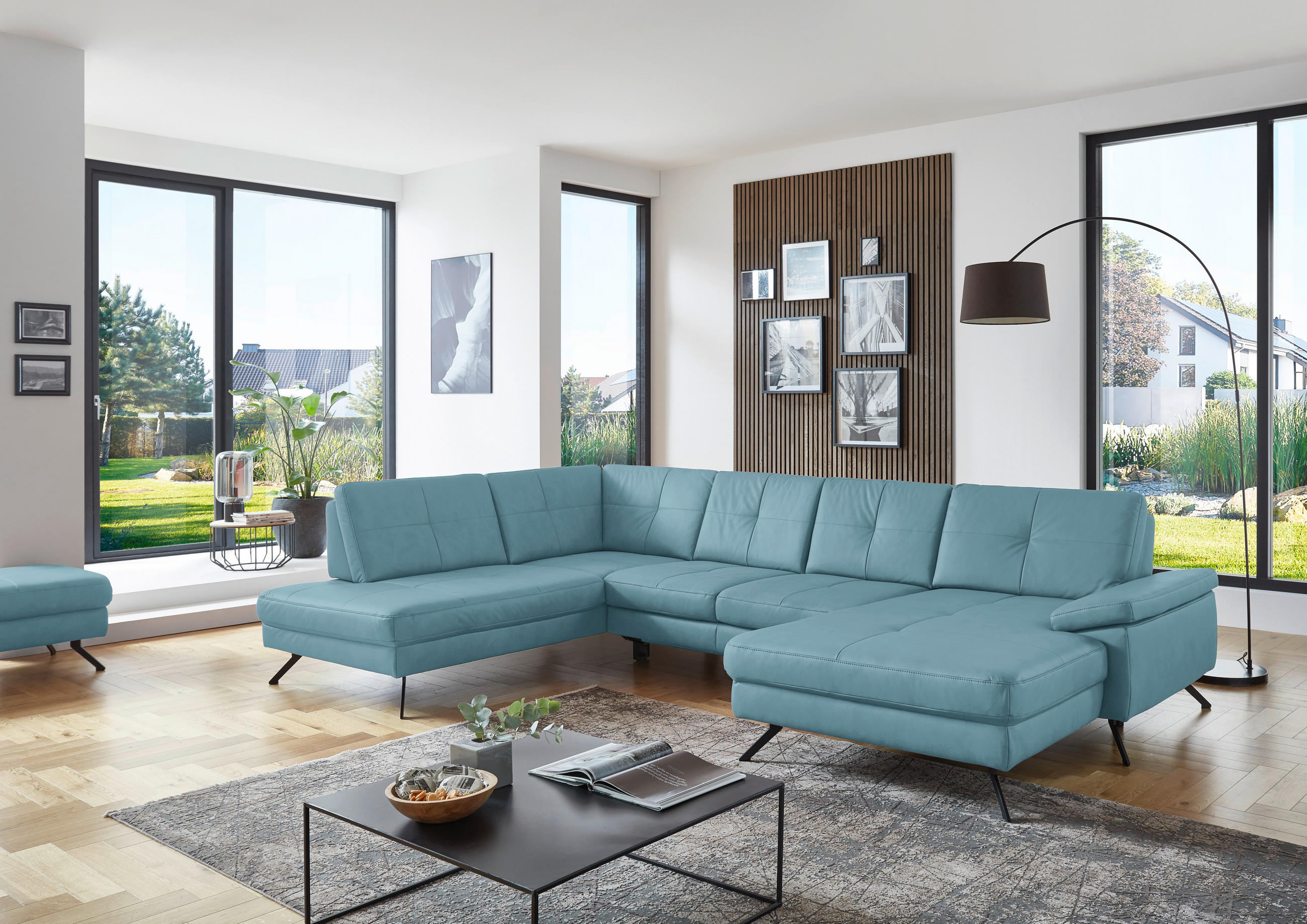 WOHNLANDSCHAFT in Lederlook, Mikrofaser Blau  - Blau/Schwarz, Design, Textil/Metall (220/345cm) - Beldomo System