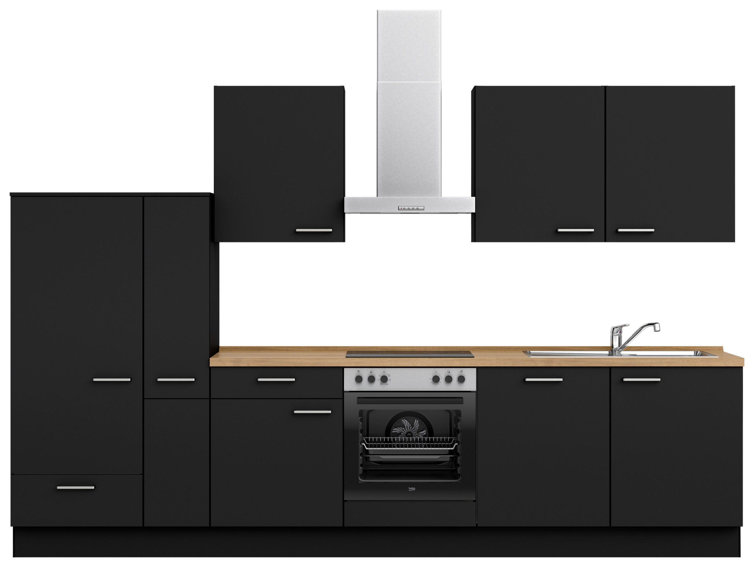 KÜCHENBLOCK 330 cm   in Schwarz, Eichefarben  - Edelstahlfarben/Eichefarben, MODERN, Holzwerkstoff/Metall (330cm) - Nobilia