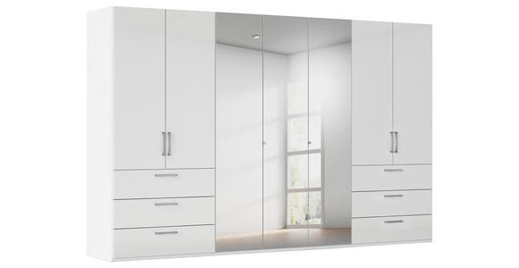 DREHTÜRENSCHRANK 350/235/61 cm,  in Weiß, Weiß Hochglanz, 7-türig  - Chromfarben/Edelstahlfarben, Basics, Glas/Holzwerkstoff (350/235/61cm) - Novel