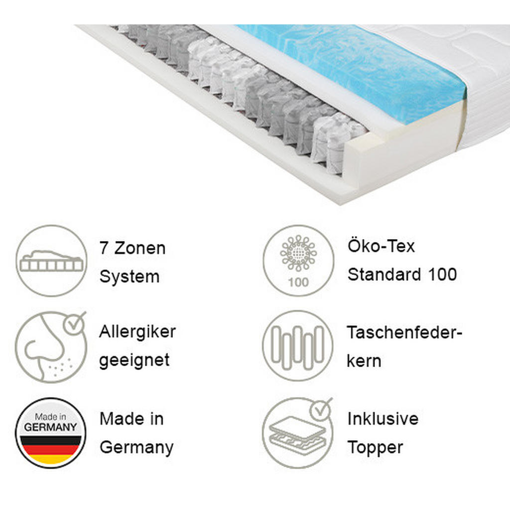 Thumbnail - Xora Boxspringmatratze, Weiß, Textil, H2, 7-Zonen, Höhe ca. 23 cm, Füllung: Polyester, 140x200 cm, Made in Germany, Oeko...
