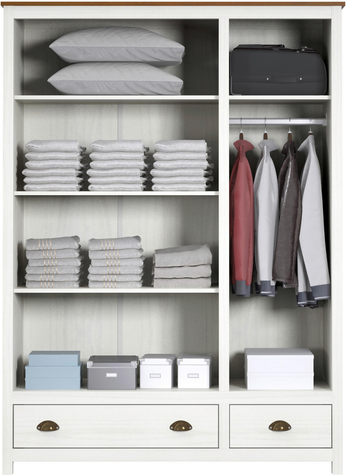 DREHTÜRENSCHRANK 136/185/54 cm,  in Weiß, 3-türig  - Messingfarben/Weiß, Natur, Holz/Metall (136/185/54cm) - Livetastic