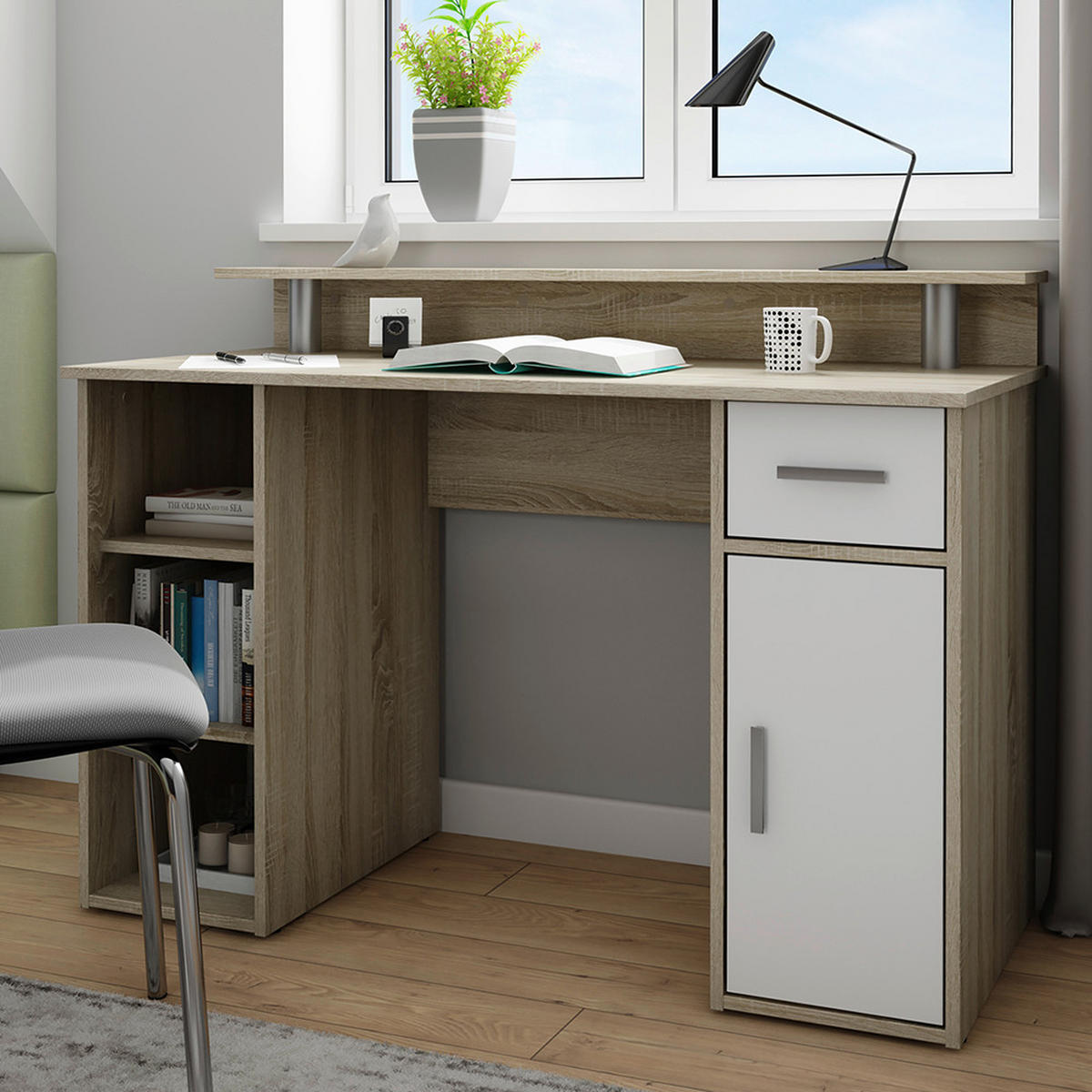 SCHREIBTISCH 120/55/88 cm  in Weiß, Sonoma Eiche  - Silberfarben/Weiß, LIFESTYLE, Holzwerkstoff/Kunststoff (120/55/88cm) - MID.YOU