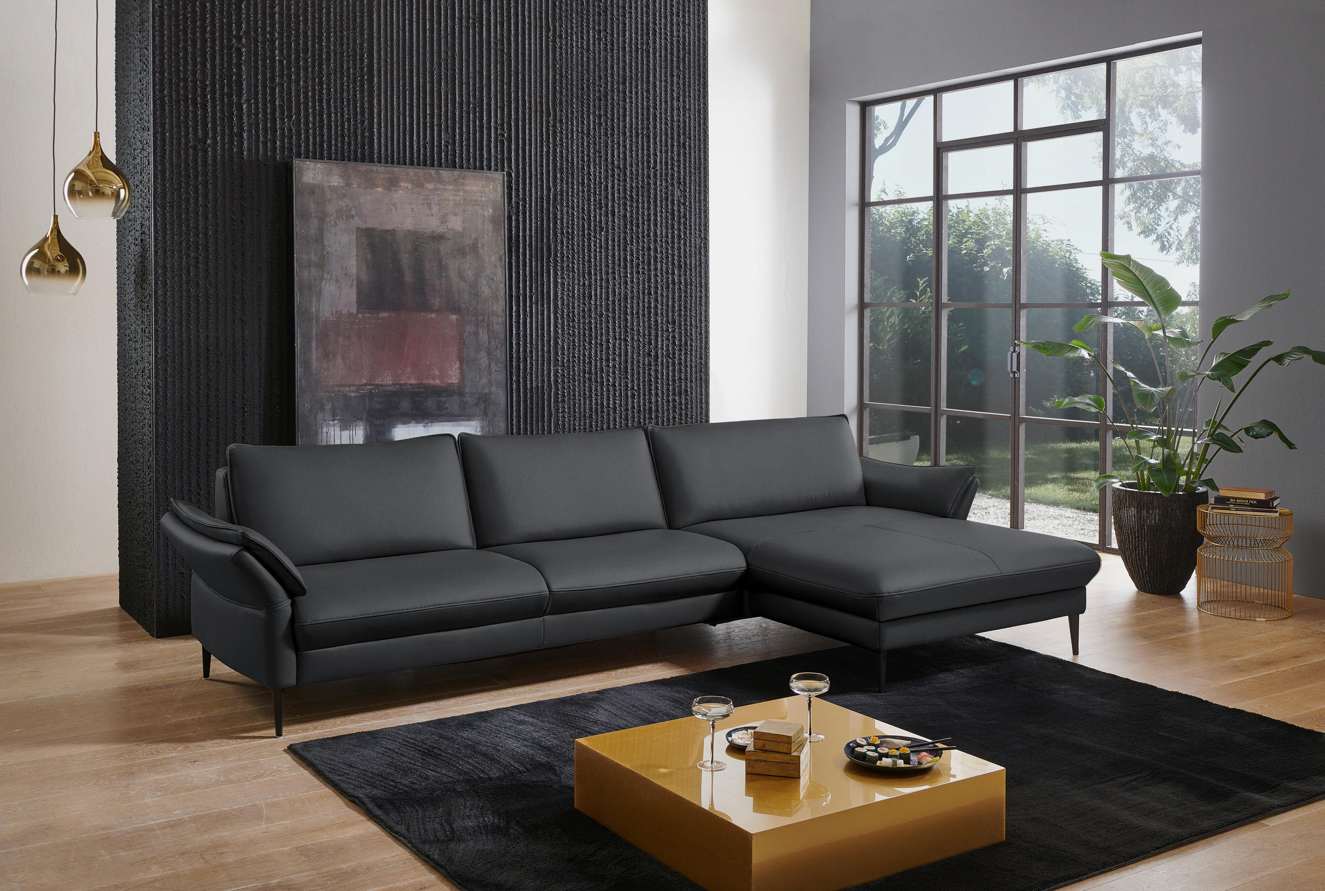 ECKSOFA in Echtleder Schieferfarben  - Schieferfarben/Schwarz, Design, Leder/Metall (334/172cm) - Valdera