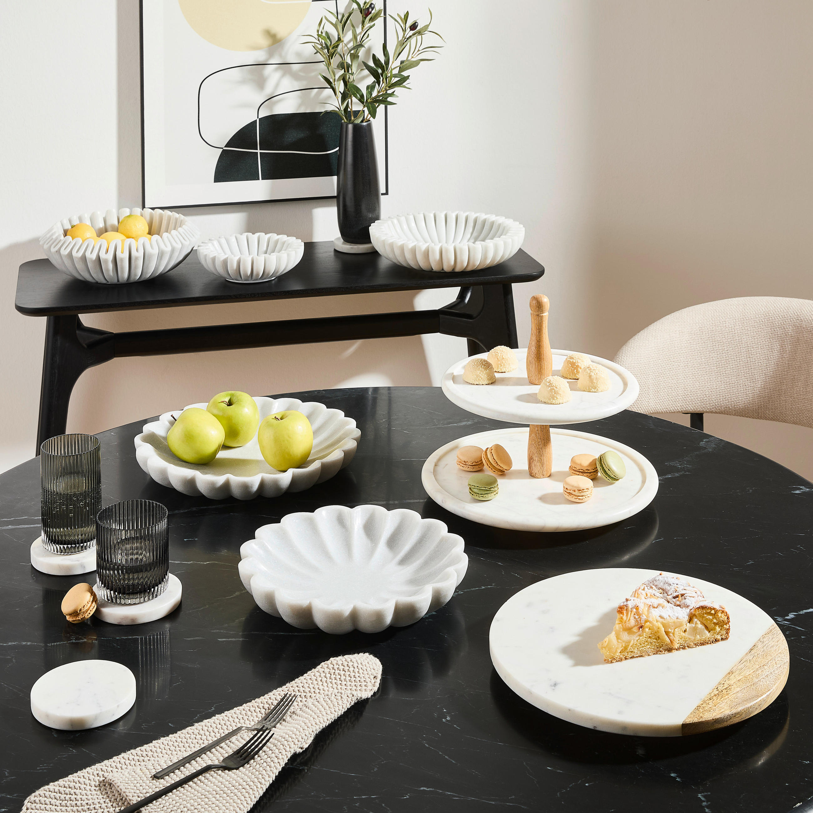 Thumbnail - Ambia Home Platzteller, Natur, Weiß, Holz, Stein, Mangoholz, Hartholz, Marmoroptik, rund, 5 cm, Lfgb, Handmade in India,...