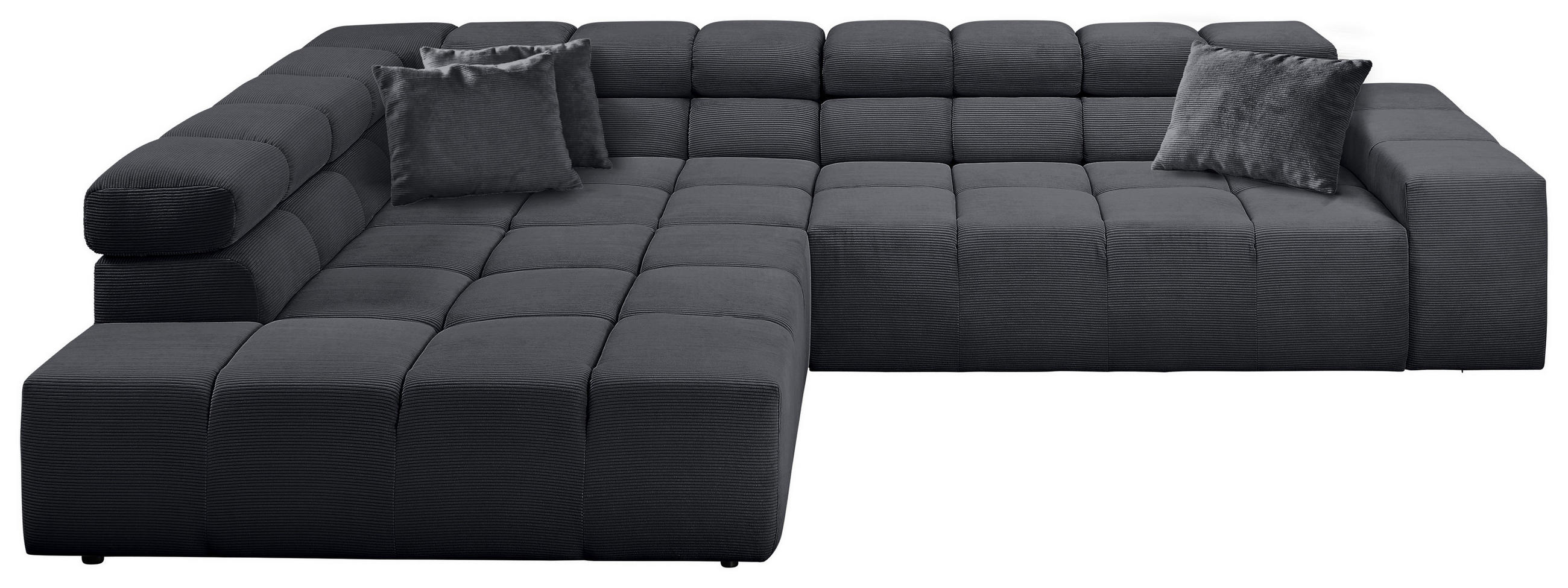ECKSOFA Anthrazit Feincord Zierkissen, Rücken echt, Kopfteilverstellung  - Anthrazit/Schwarz, Design, Kunststoff/Textil (215/319cm) - Hom`in