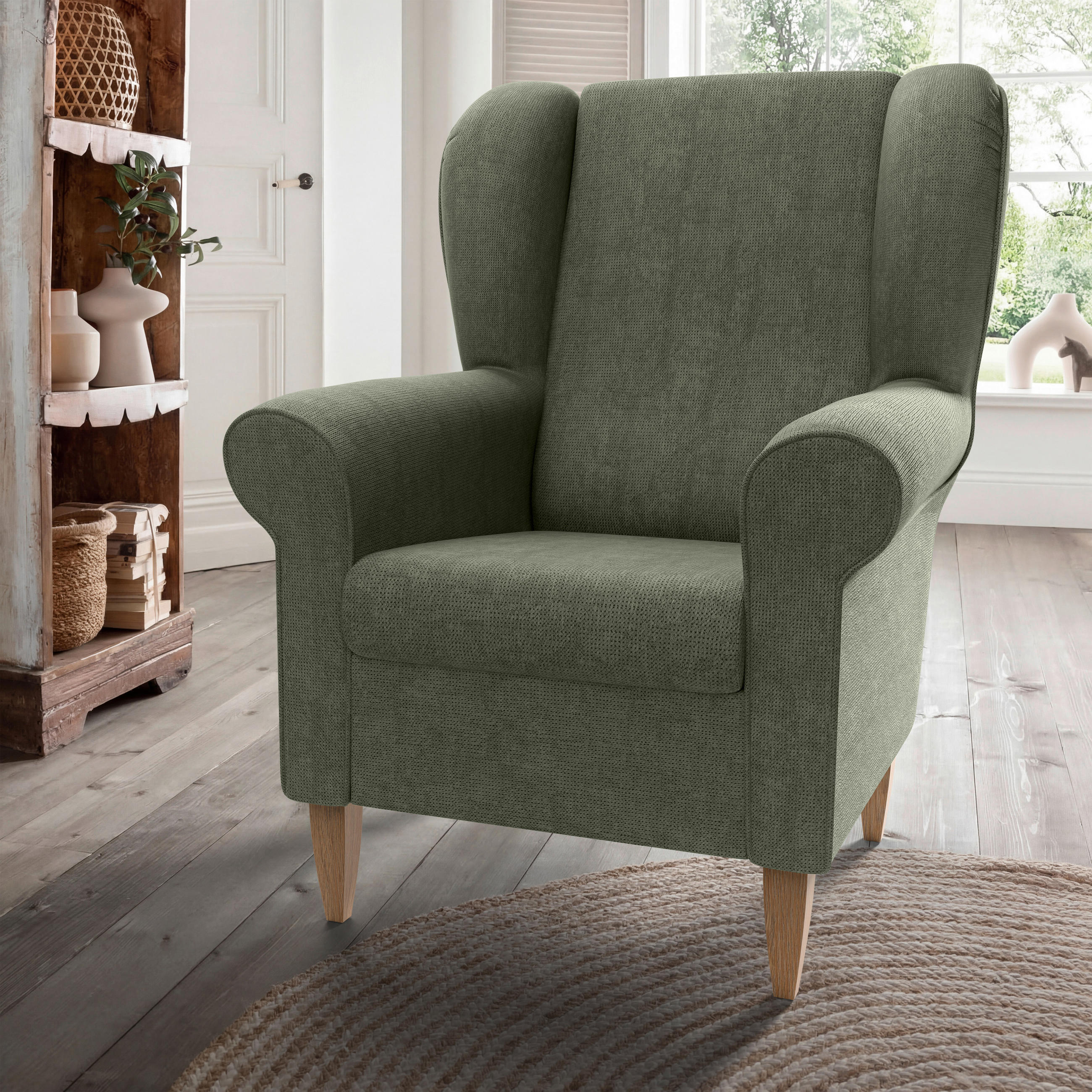 OHRENSESSEL Chenille Dunkelgrün  - Dunkelgrün/Naturfarben, Konventionell, Holz/Textil (80/102/86cm) - Livetastic