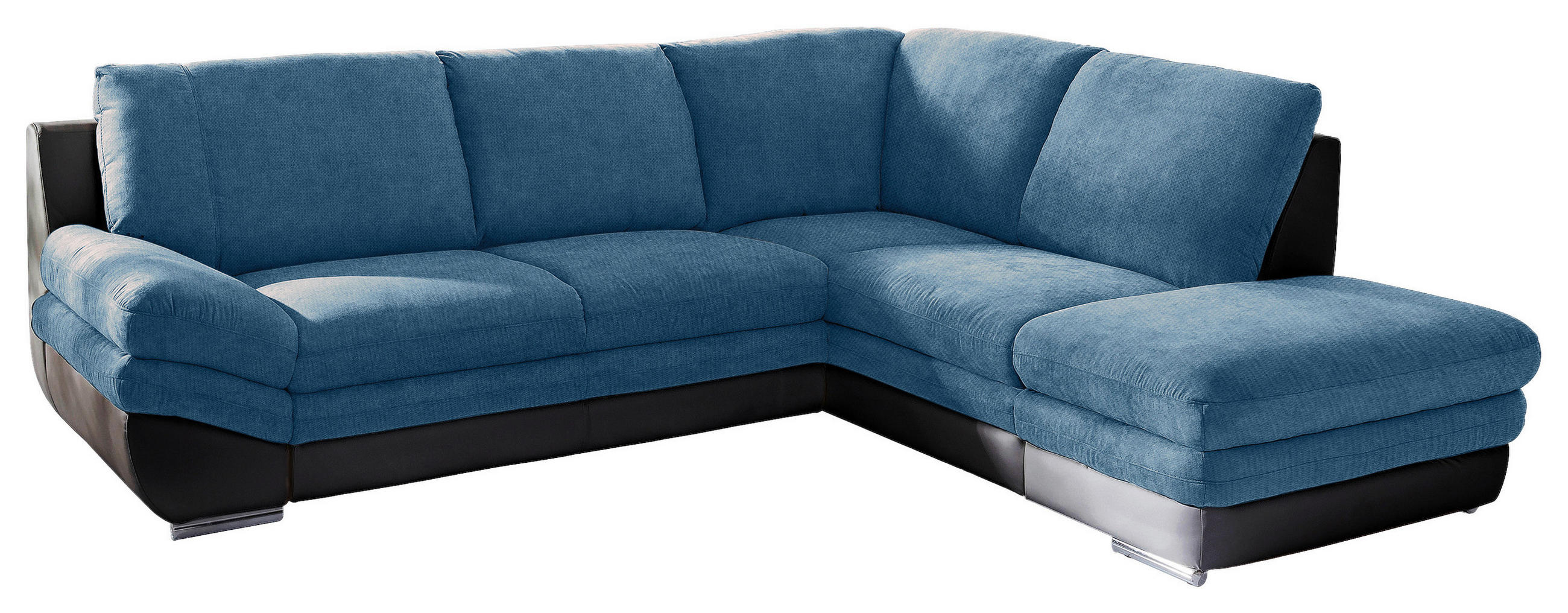 WOHNLANDSCHAFT Blau, Schwarz Chenille, Lederlook Bettkasten, Schlaffunktion, Rücken echt  - Blau/Chromfarben, MODERN, Textil/Metall (264/221cm) - MID.YOU