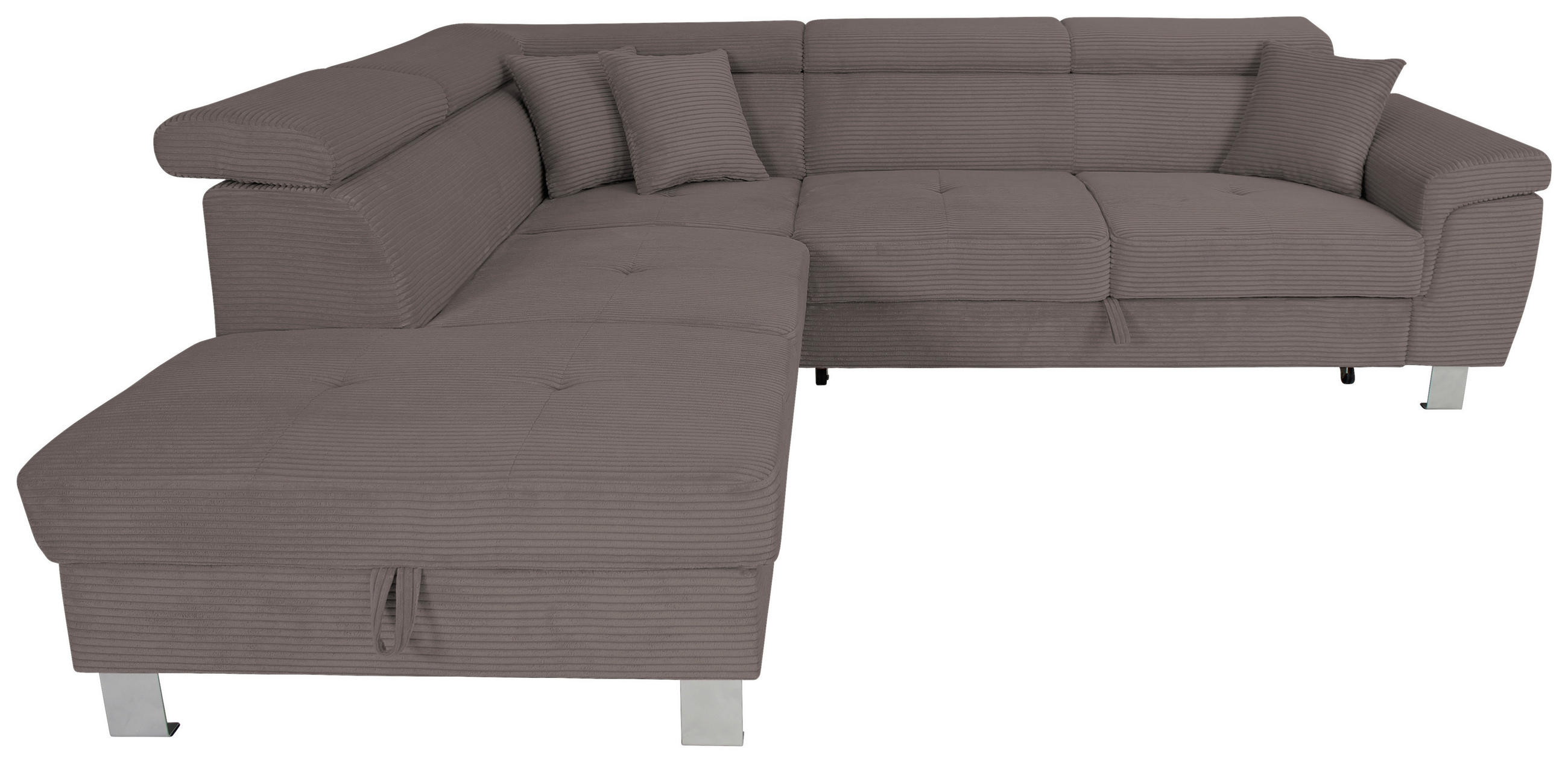 ECKSOFA inkl. Funktionen Anthrazit Cord Zierkissen, Bettkasten, Schlaffunktion, Kopfteilverstellung, Kopfstütze  - Anthrazit/Silberfarben, Design, Textil/Metall (226/257cm) - Xora