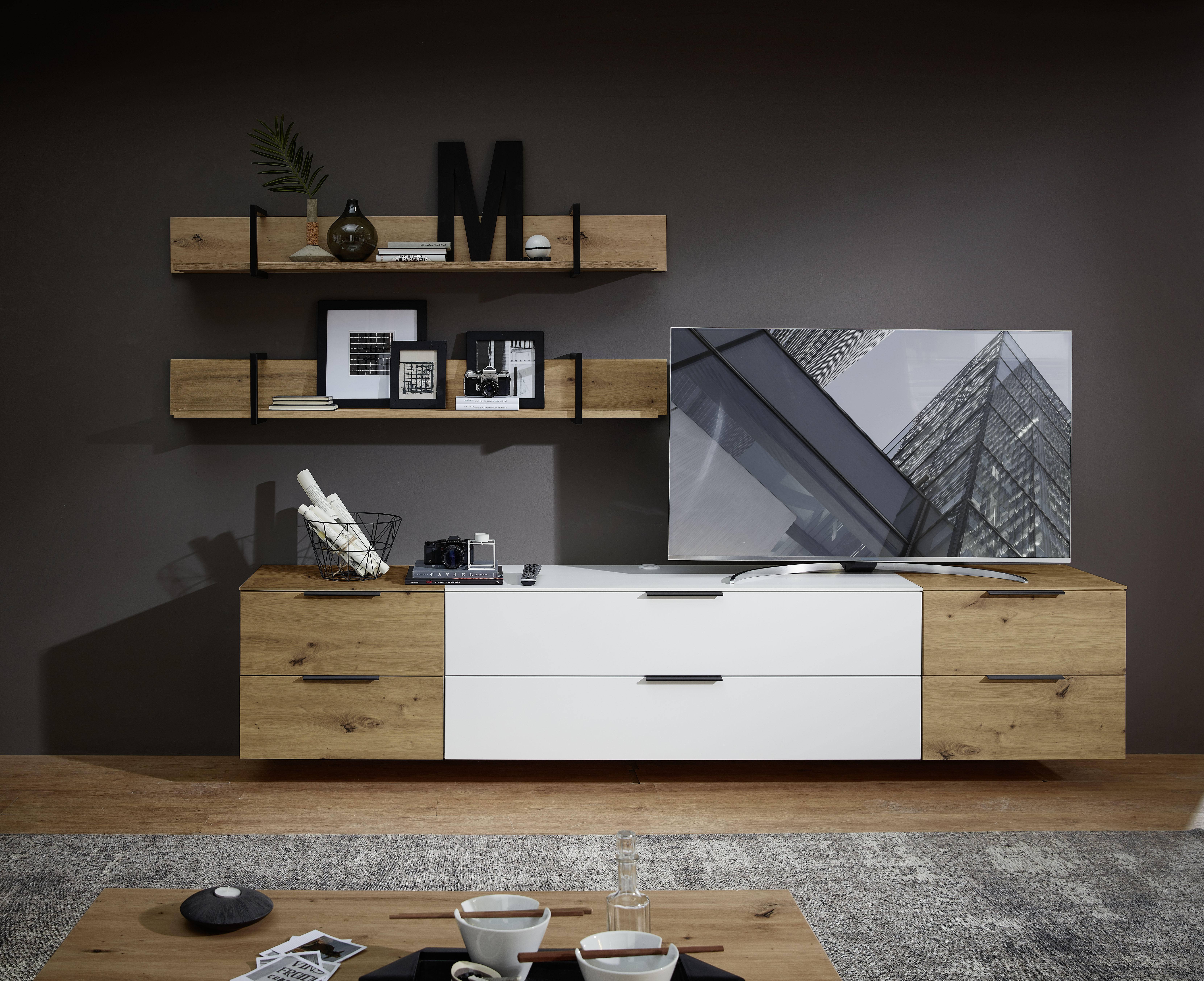 WOHNWAND  in Weiß, Eichefarben  290/172/44 cm  - Eichefarben/Schwarz, MODERN, Holzwerkstoff/Metall (290/172/44cm) - Livetastic