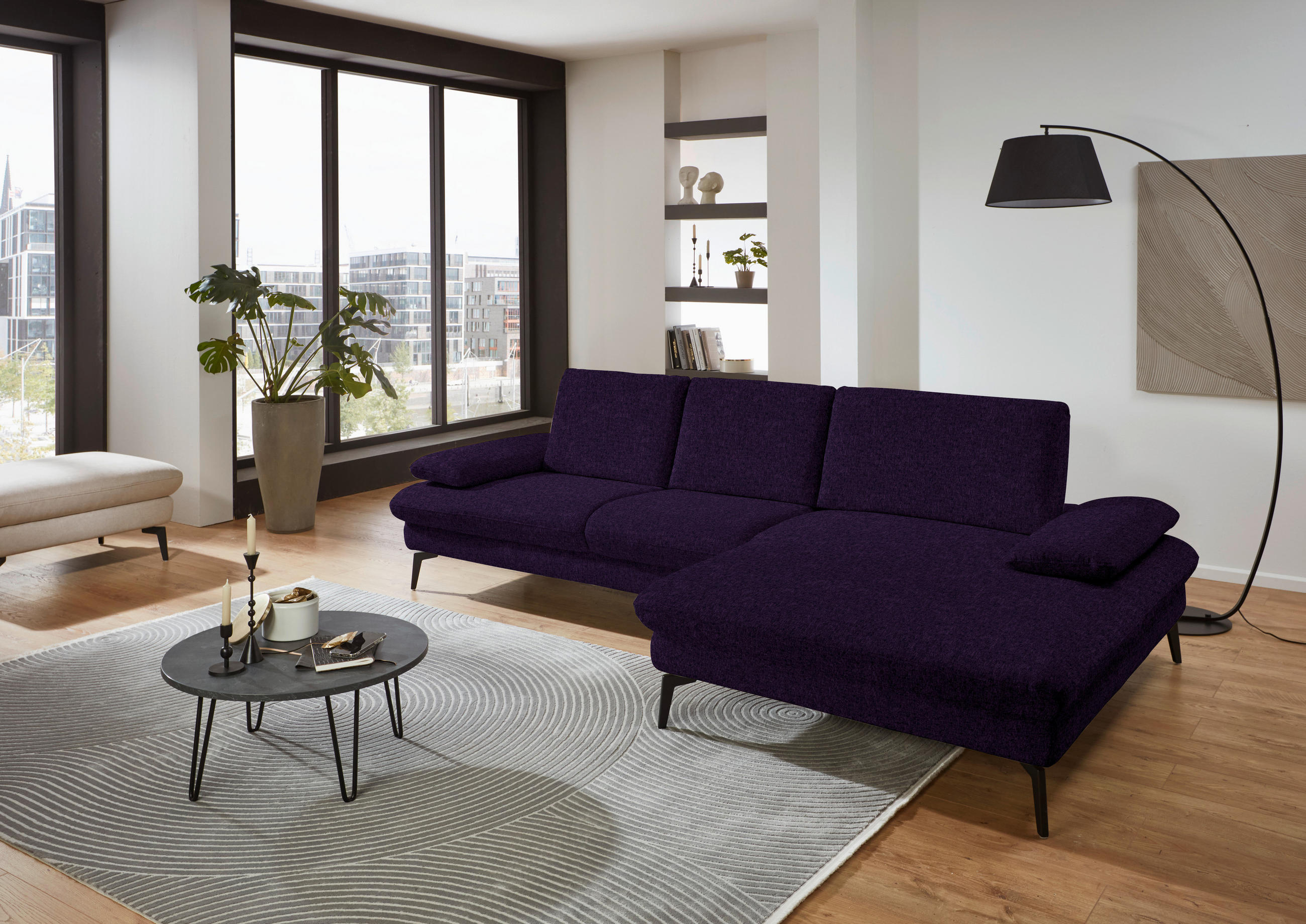 ECKSOFA in Chenille, Mikrofaser Aubergine, Violett  - Violett/Aubergine, Design, Textil/Metall (299/157cm) - Dieter Knoll