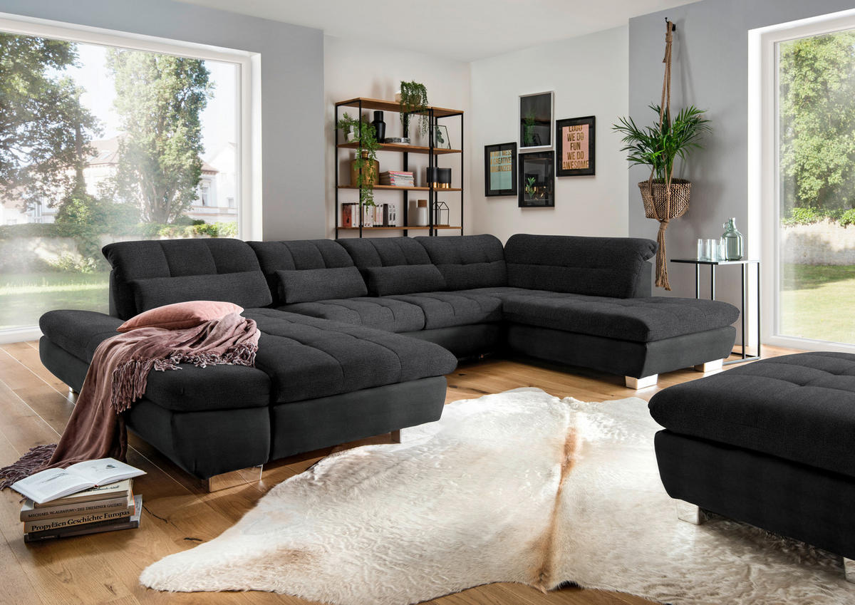 WOHNLANDSCHAFT in Mikrofaser Graphitfarben  - Chromfarben/Graphitfarben, Design, Kunststoff/Textil (204/350/211cm) - Xora