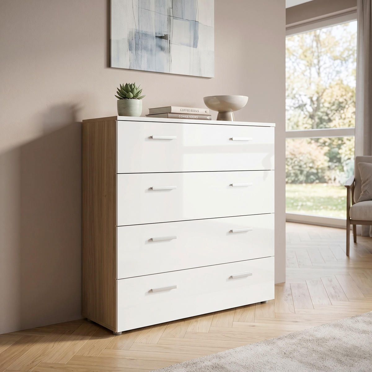 SIDEBOARD Marbella Typ 3 88/91/32 cm 4 Schublade(n)  - Weiß Hochglanz/Schwarz, MODERN, Holzwerkstoff/Kunststoff (88/91/32cm) - MID.YOU