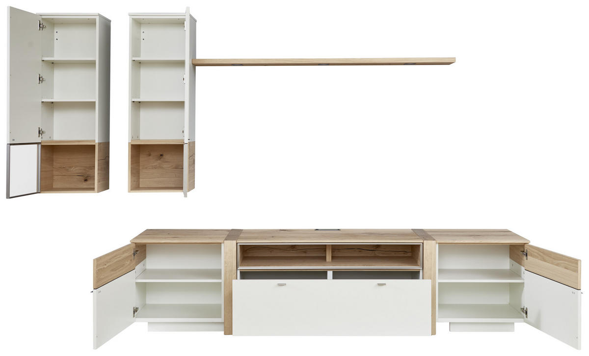 WOHNWAND  in Weiss, Eichefarben 296/202/53/33/20 cm  - Weiss/Edelstahlfarben, Design, Glas/Holz (296/202/53/33/20cm) - Venjakob