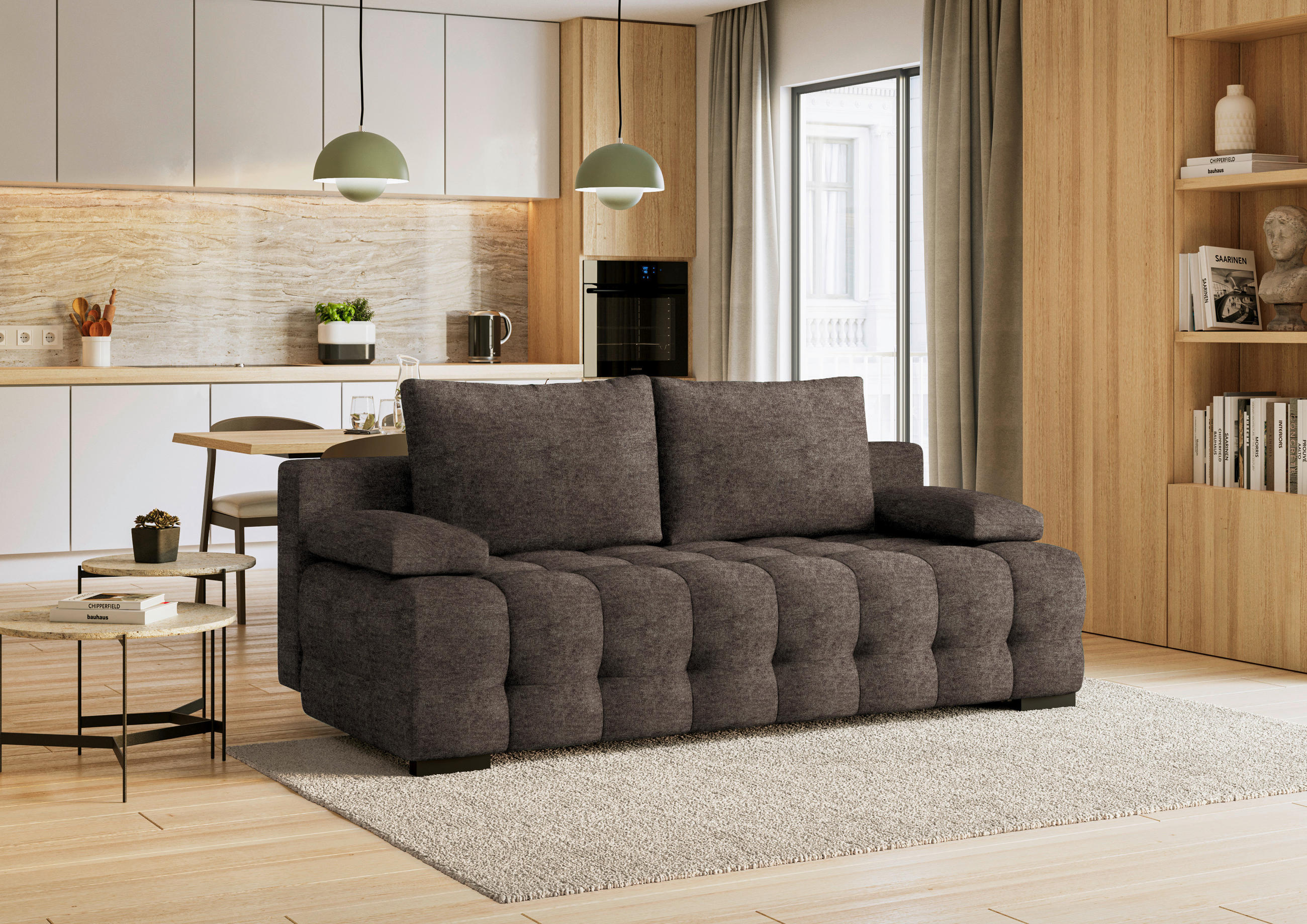 SCHLAFSOFA in Velours Graubraun  - Graubraun/Schwarz, KONVENTIONELL, Kunststoff/Textil (209/96/100cm) - Stylife