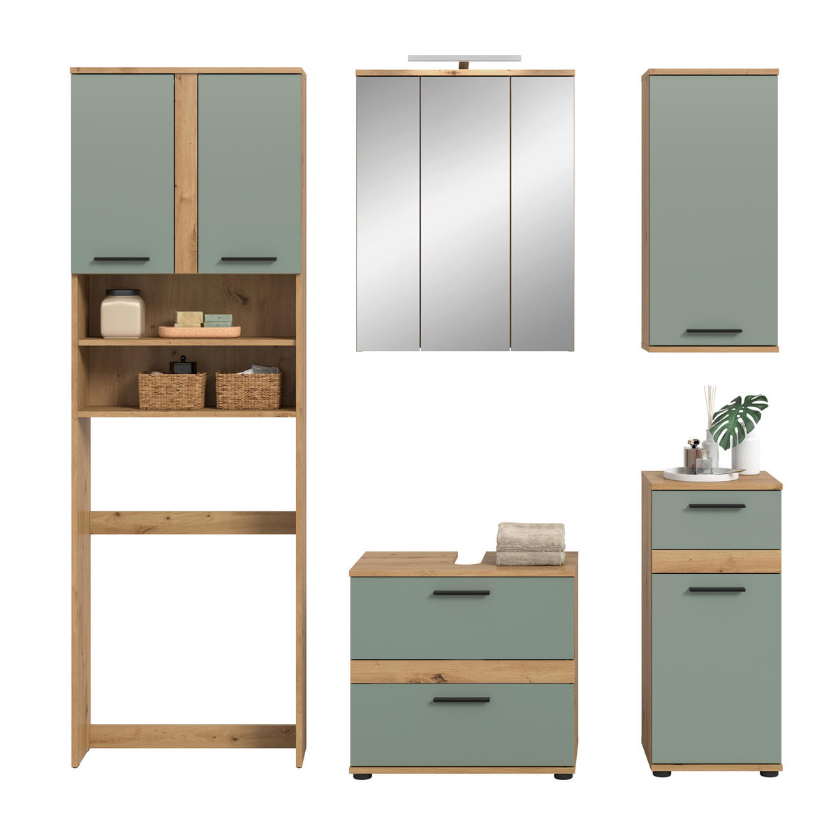 BADEZIMMER 6-teilig  in 188 cm  - Salbeigrün/Schwarz, Trend, Glas/Holzwerkstoff (188cm) - MID.YOU