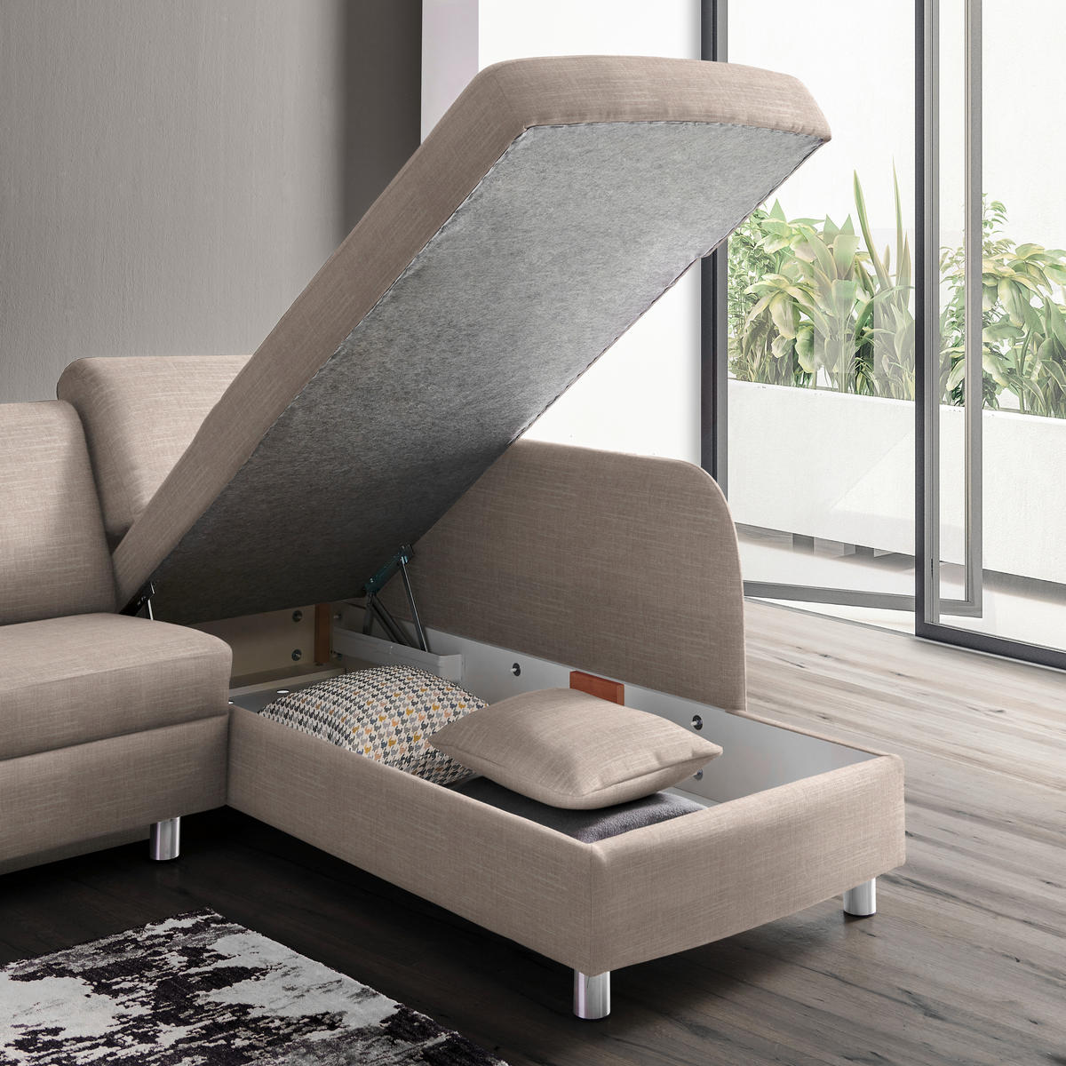 ECKSOFA in Chenille Naturfarben, Beige  227/208 cm  - Beige/Alufarben, KONVENTIONELL, Textil/Metall (227/208cm) - Sedda