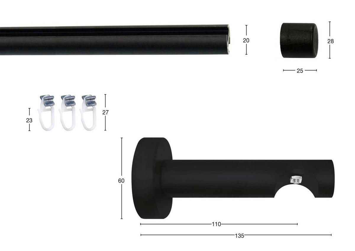 VORHANGSTANGE 210 cm  - Schwarz, KONVENTIONELL, Metall (210cm)