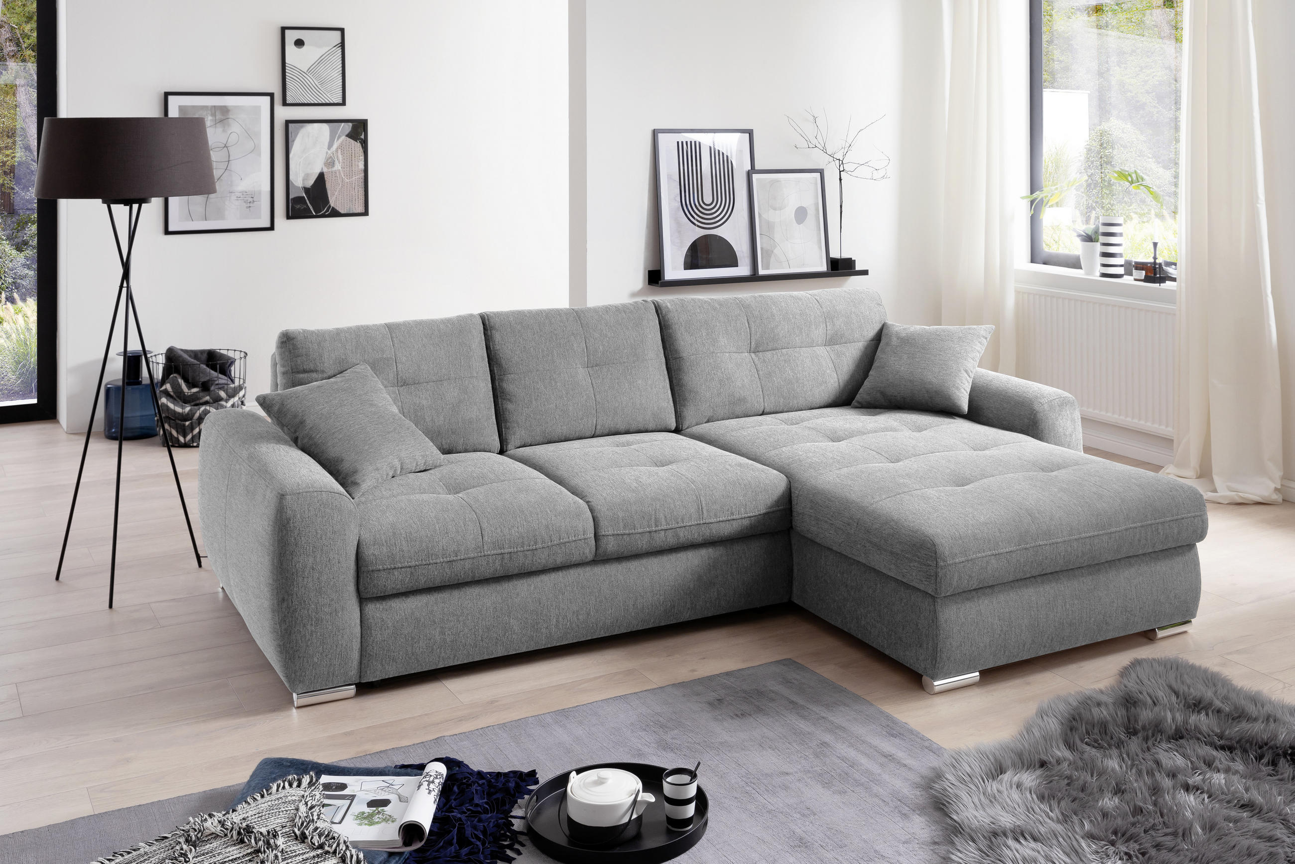 ECKSOFA in Mikrofaser Hellgrau  - Chromfarben/Hellgrau, Modern, Kunststoff/Textil (276/193cm) - Hom`in