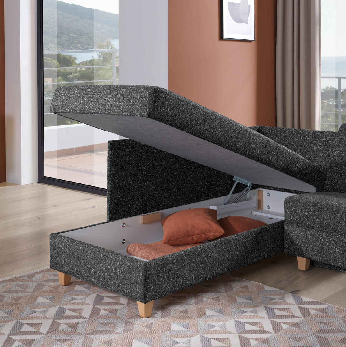 ECKSOFA  in Mikrovelours Anthrazit  203/261 cm  - Eichefarben/Anthrazit, KONVENTIONELL, Holz/Textil (203/261cm) - Sedda