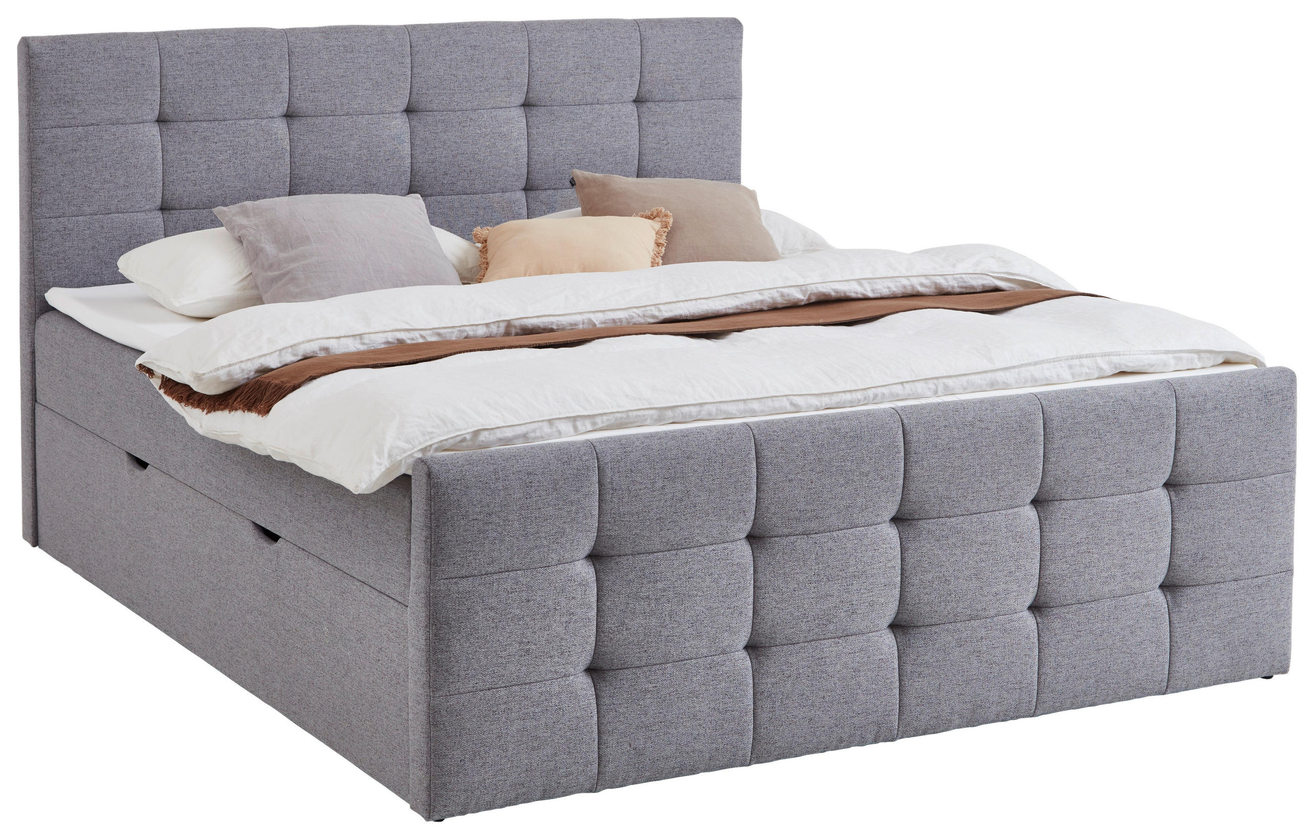 BOXBETT 180/200 cm,  in Grau, Matratze, gepolstertes Kopfteil, Bettkasten, Topper, H3 = fest  - Grau, Basics, Textil (180/200cm) - Boxxx