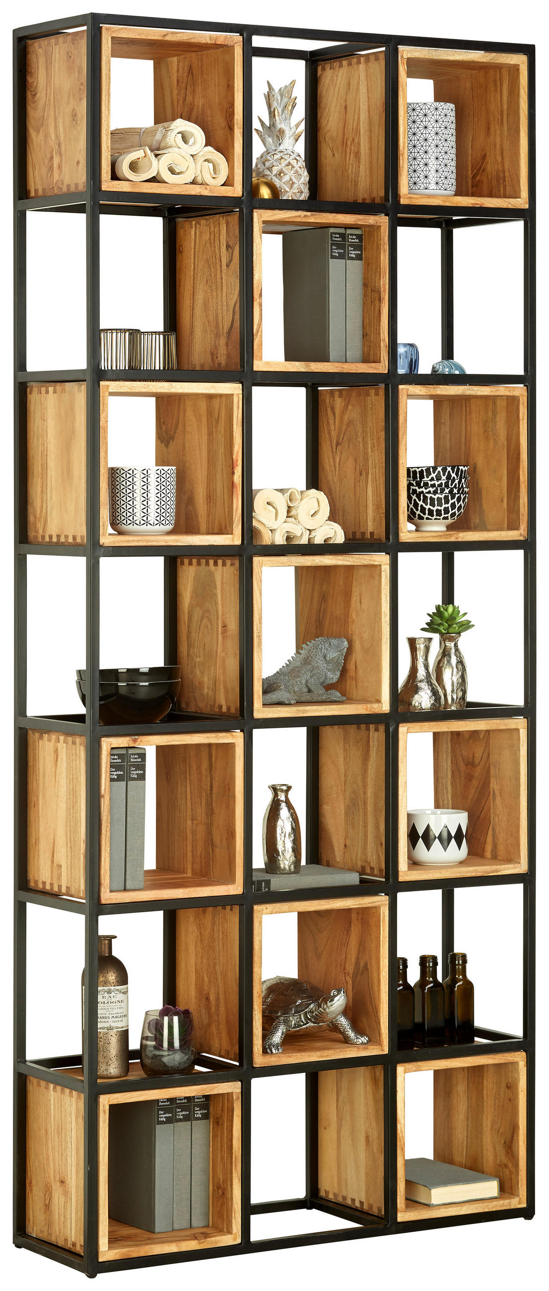 REGAL 78/180/24 cm Schwarz, Akaziefarben - Schwarz/Akaziefarben, Trend, Holz/Metall (78/180/24cm) - Ambia Home