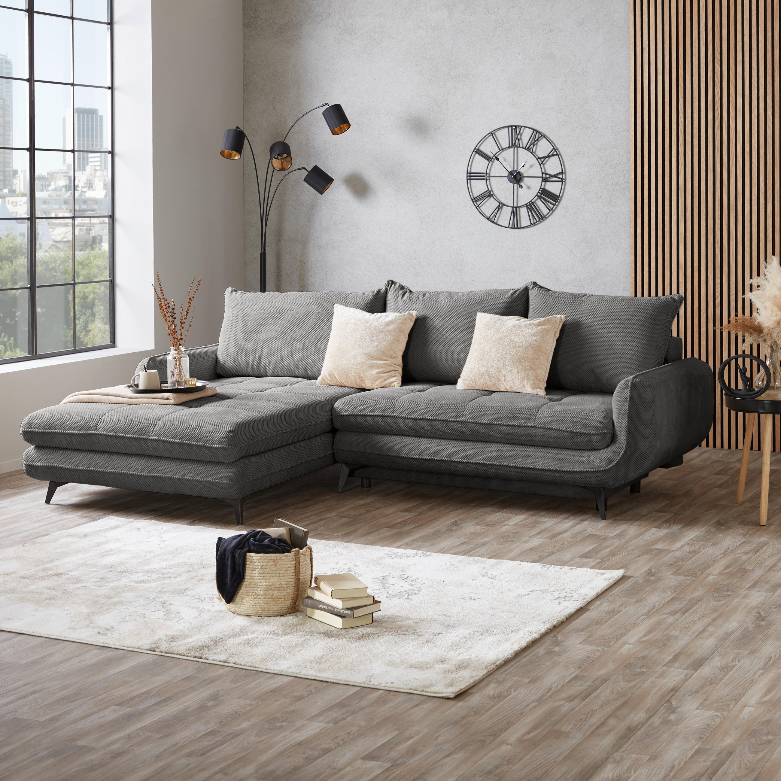 ECKSOFA WAVE Grau Struktur  - Beige/Schwarz, MODERN, Textil/Metall (189/266cm) - MID.YOU