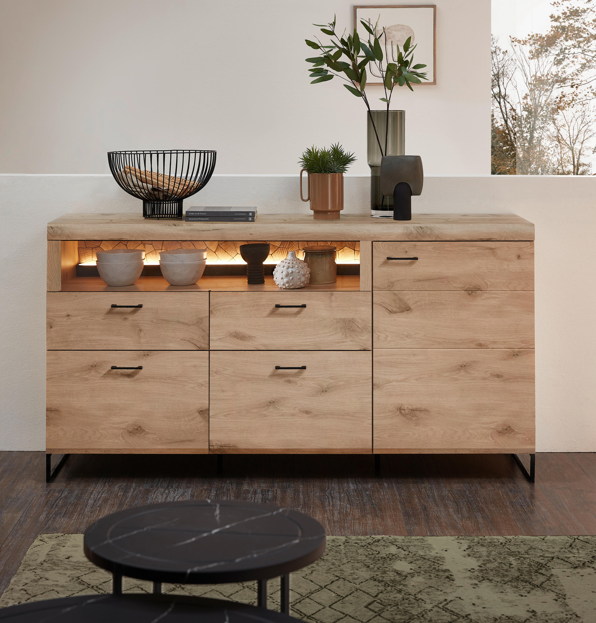 SIDEBOARD Schwarz, Eichefarben Einlegeböden - Eichefarben/Schwarz, KONVENTIONELL, Holzwerkstoff/Metall (180/96/48cm) - Stylife