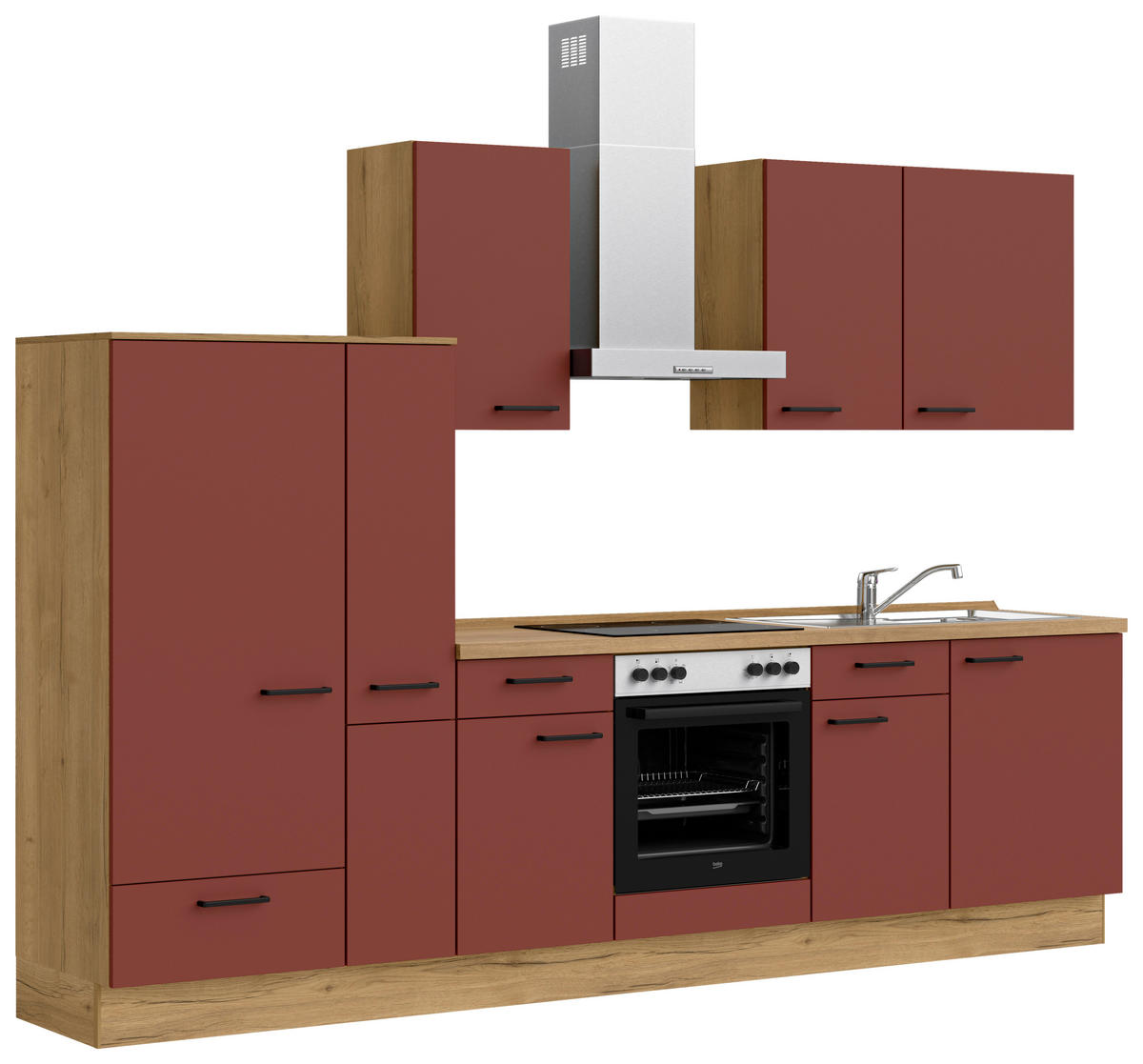 KÜCHENBLOCK 300 cm   in Eichefarben, Dunkelrot  - Eichefarben/Schwarz, MODERN, Holzwerkstoff/Metall (300cm) - Nobilia
