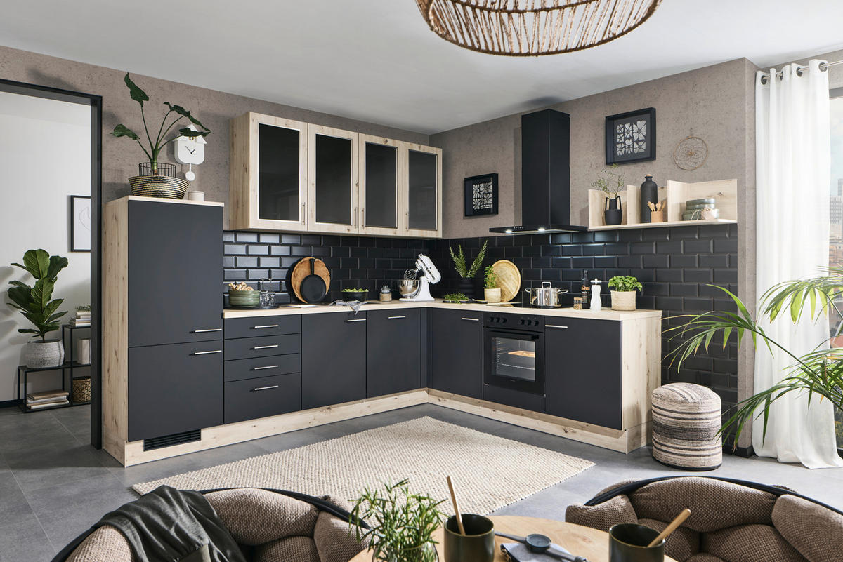 ECKKÜCHE 305,2/283,1 cm  Schwarz, Eichefarben  - Edelstahlfarben/Eichefarben, Konventionell, Glas/Holzwerkstoff (305,2/283,1cm) - Venda