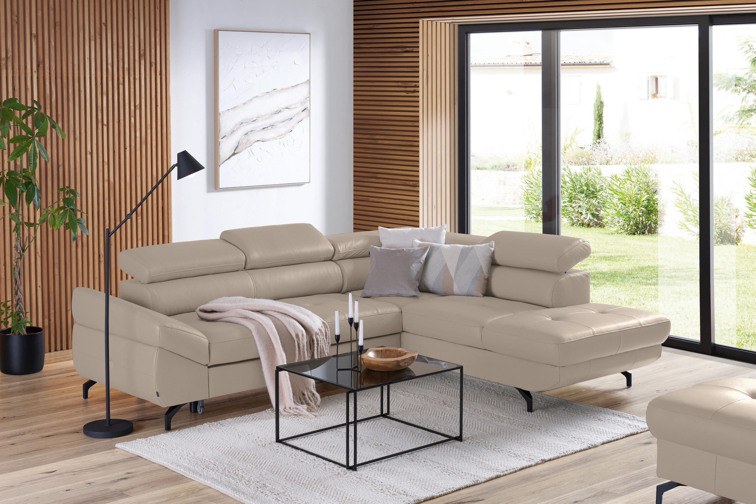 ECKSOFA in Echtleder Creme  270/220 cm  - Creme/Schwarz, Design, Leder/Metall (270/220cm) - Novel
