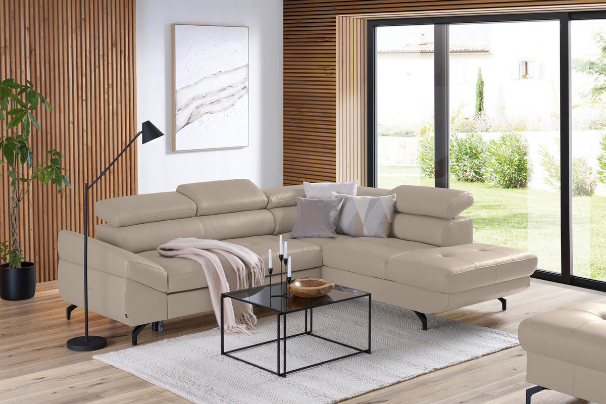 ECKSOFA in Echtleder Creme  - Creme/Schwarz, Design, Leder/Metall (270/220cm) - Novel