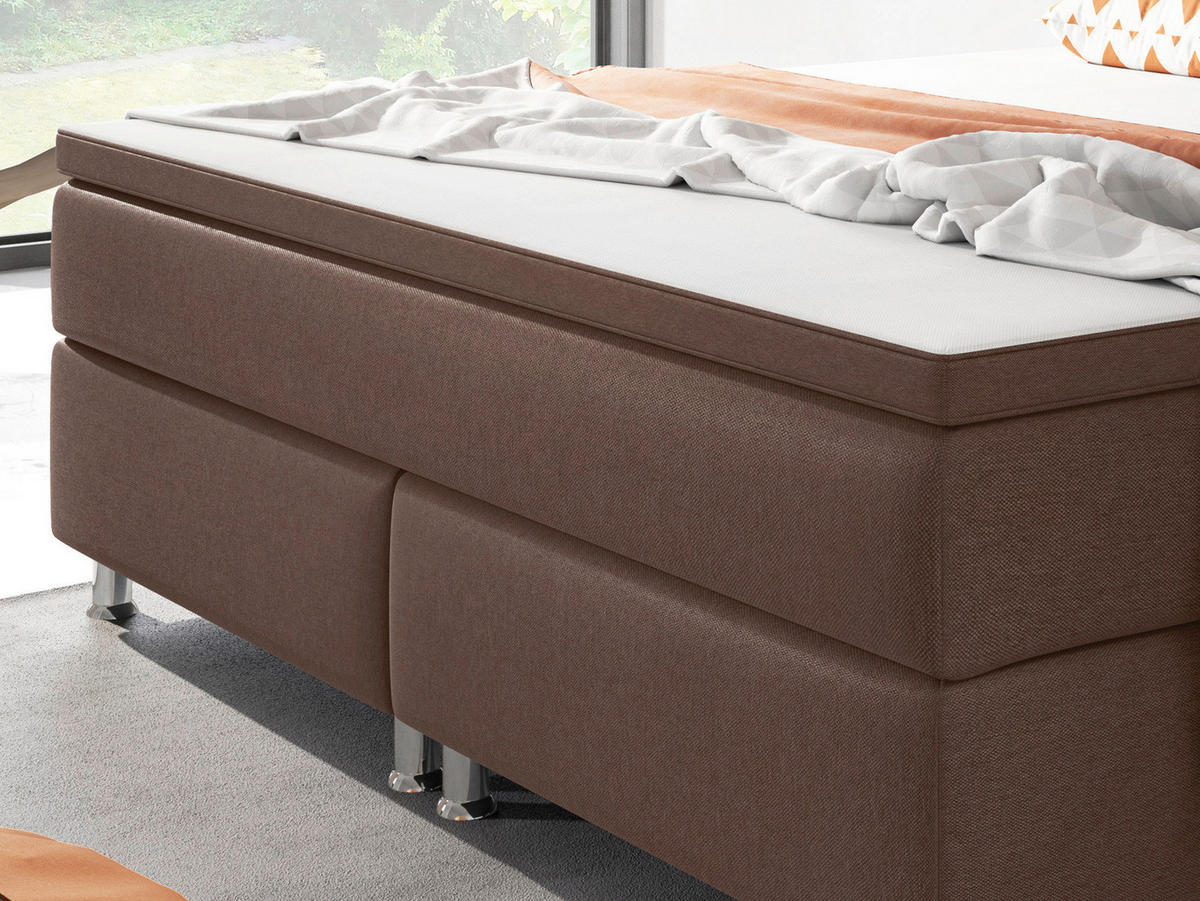 BOXSPRINGBETT 180/200 cm,  in Braun, Matratze, gepolstertes Kopfteil, Topper, H3 + H3 = fest  - Silberfarben/Braun, KONVENTIONELL, Textil/Metall (180/200cm) - MID.YOU
