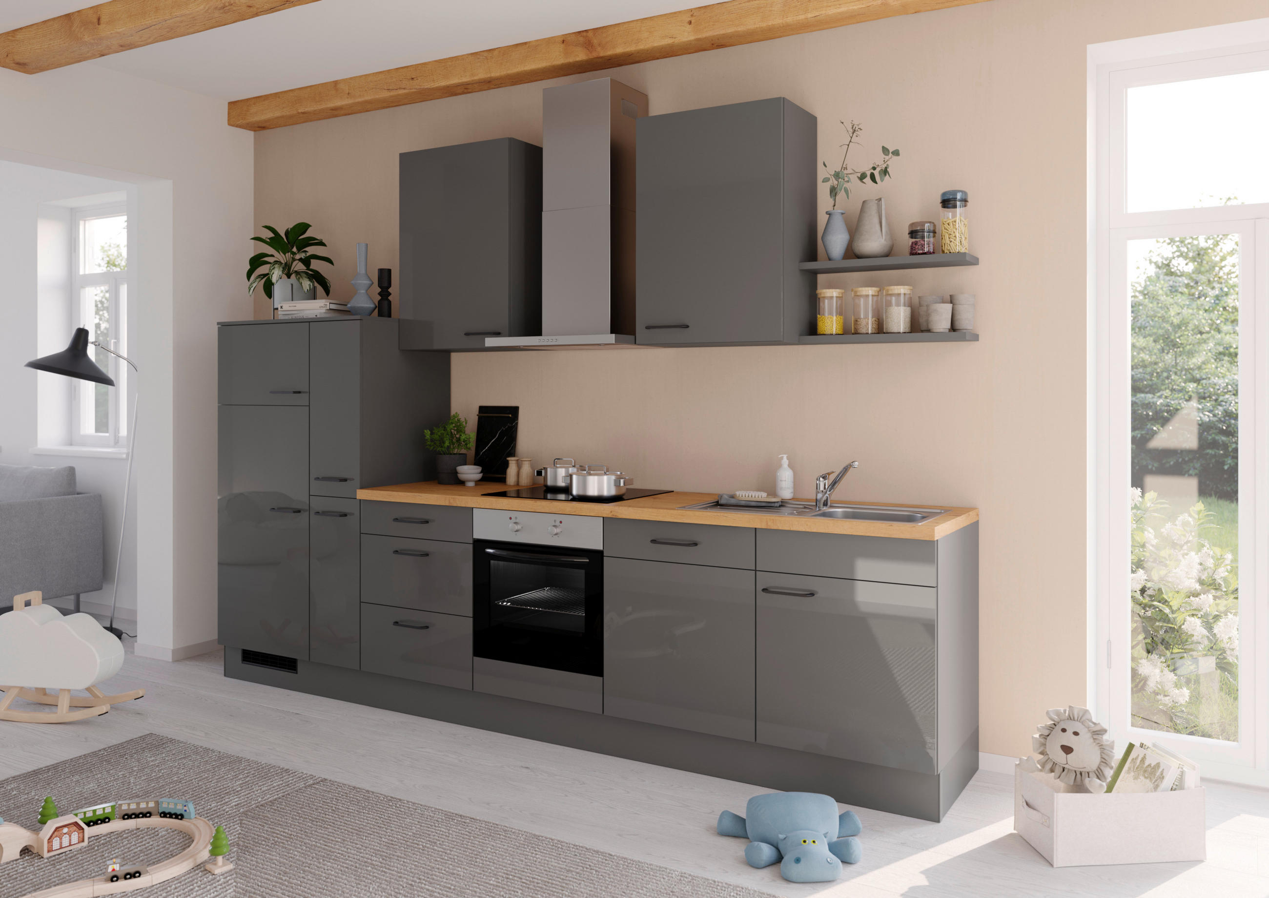 KÜCHENBLOCK 330 cm   in Dunkelgrau  - Dunkelgrau/Eichefarben, Design, Holzwerkstoff/Metall (330cm) - Impuls