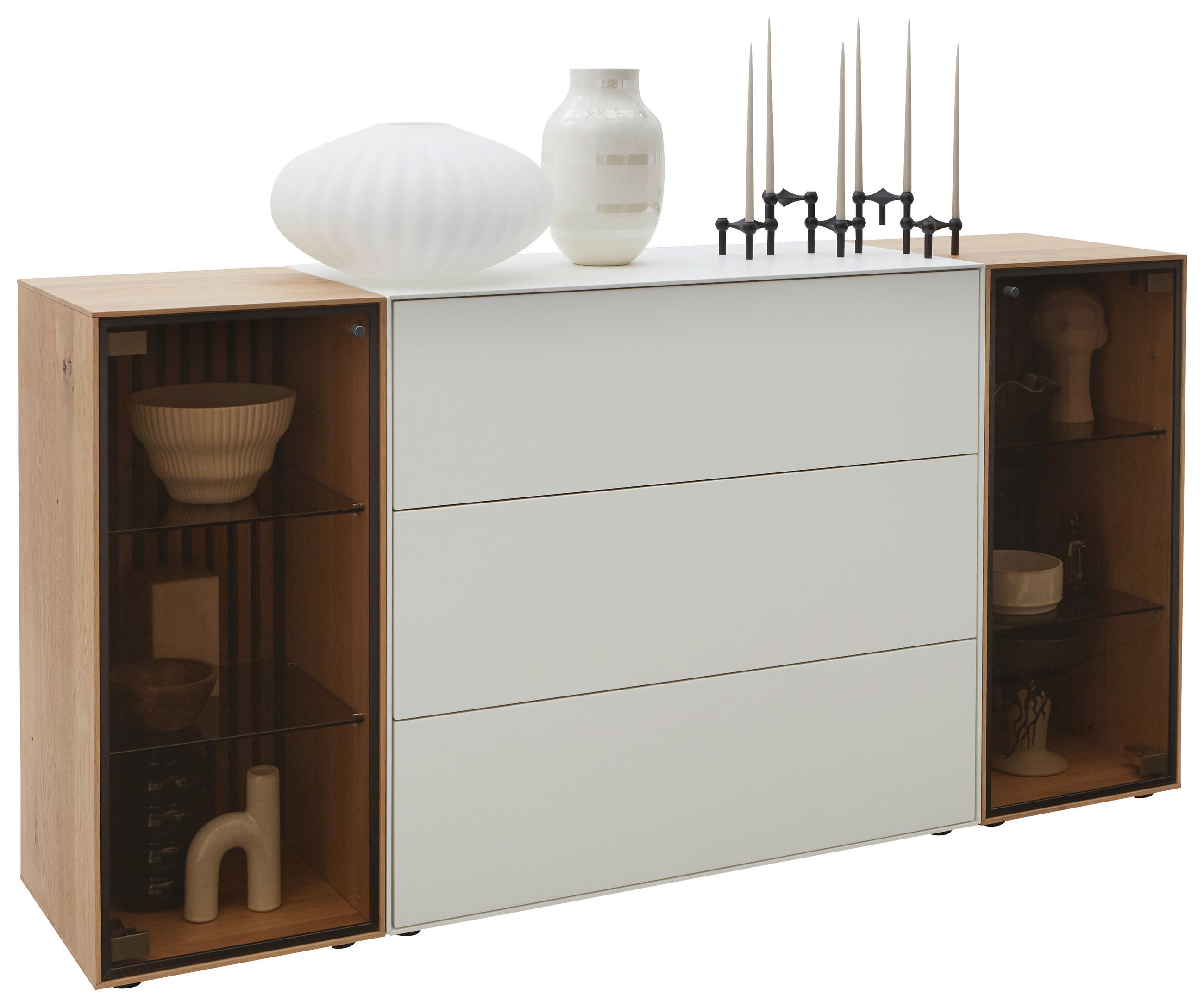 SIDEBOARD Weiss, Eichefarben  182/90/44 cm  - Weiss/Eichefarben, Design, Glas/Holz (182/90/44cm) - Johann Jakob