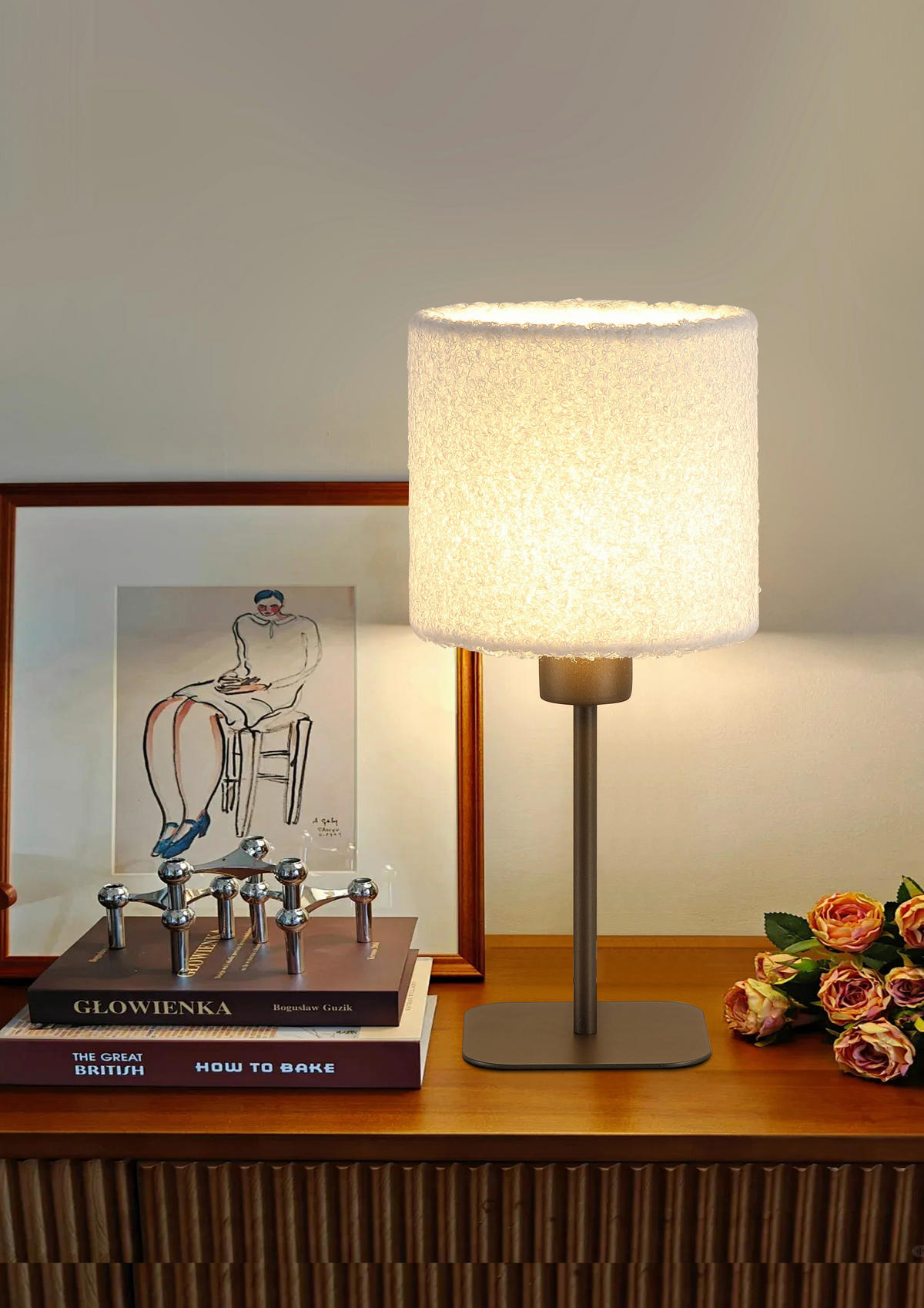 TISCHLEUCHTE Chelsea 16/35/16 cm   - Weiß/Mokka, Design, Textil/Metall (16/35/16cm) - Searchlight