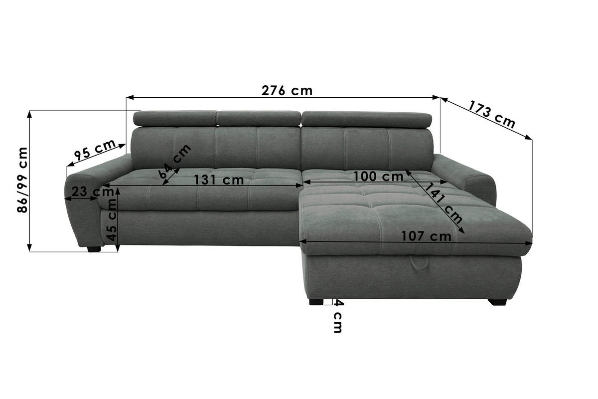ECKSOFA in Webstoff Grau  173/276 cm  - Schwarz/Weiß, Design, Kunststoff/Textil (173/276cm) - Stylife