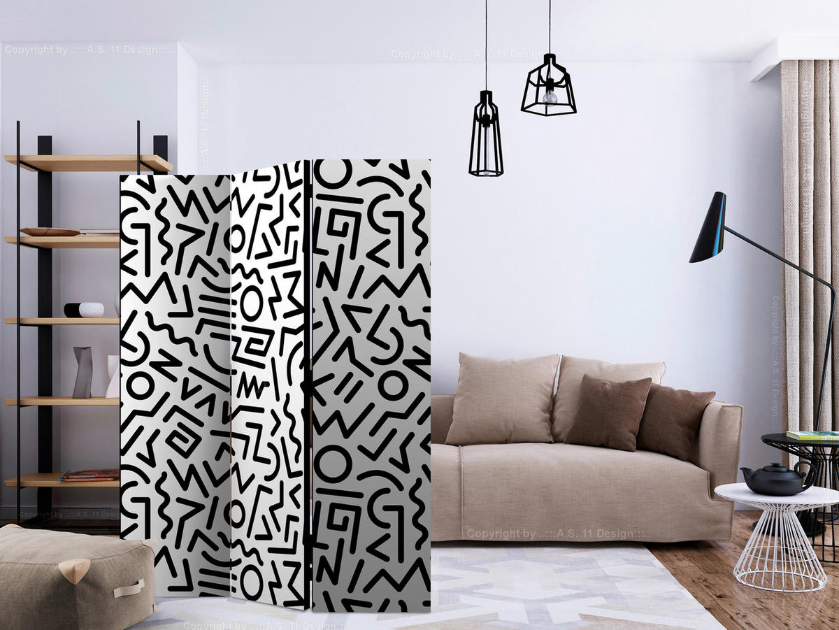 SKÄRMVÄGG  i trä, textil  svart, vit  - vit/svart, Basics, trä/textil (135/172/3cm) - artgeist