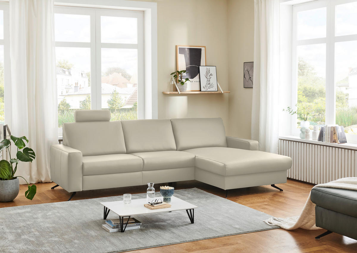 ECKSOFA in Echtleder Ecru  - Ecru/Schwarz, Design, Leder/Metall (267/165cm) - Beldomo Premium
